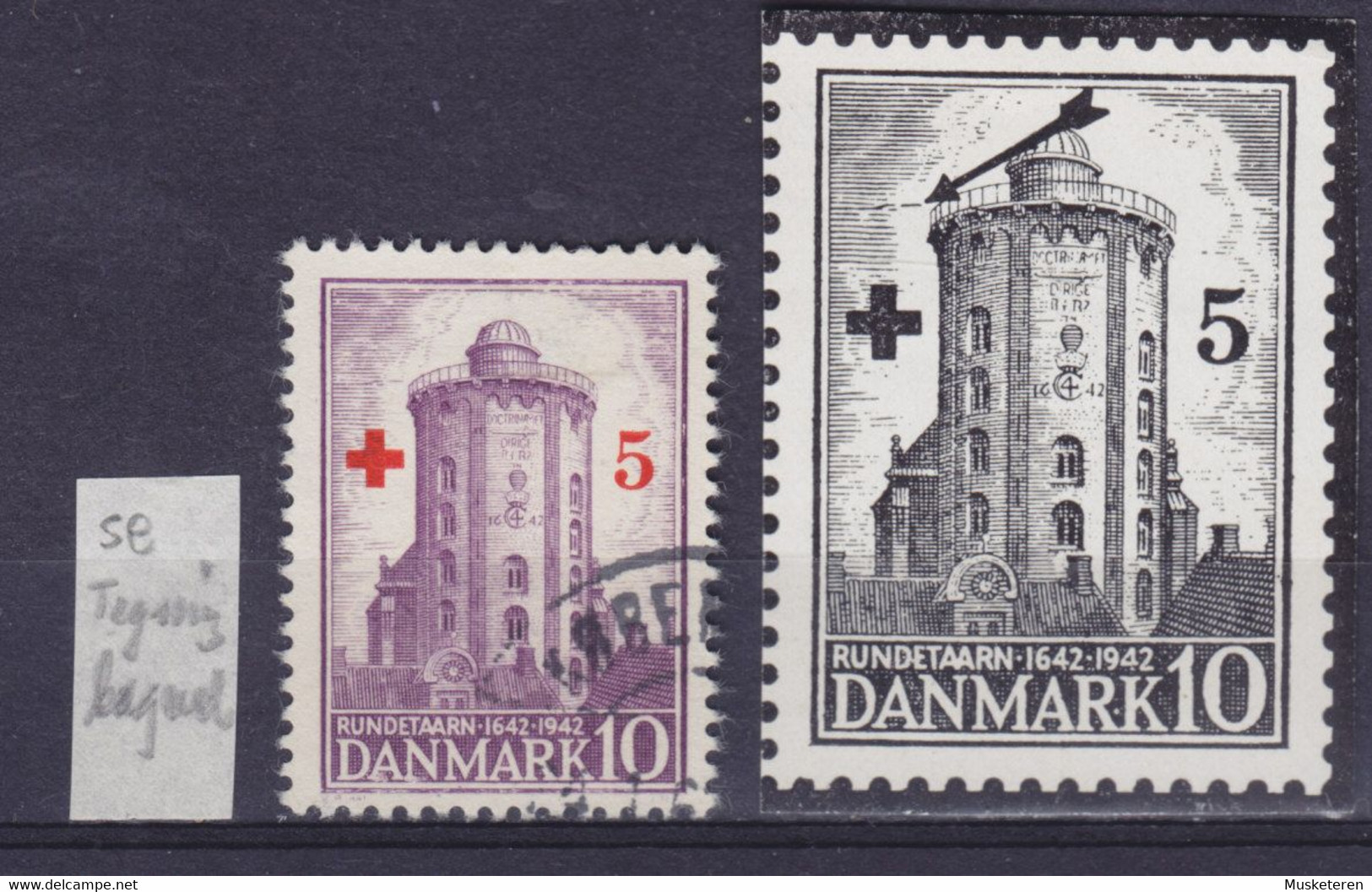 Denmark SAVA 283 C Round Tower Red Cross Croix Rouge Rotes Kreuz ERROR Variety 'Line Left Of Banister' (2 Scans) - Plaatfouten En Curiosa