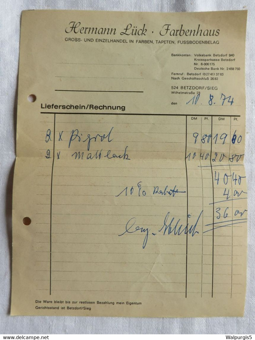 Rechnung Hermann Lück, Farbenhaus, Betzdorf 1974 - Ambachten