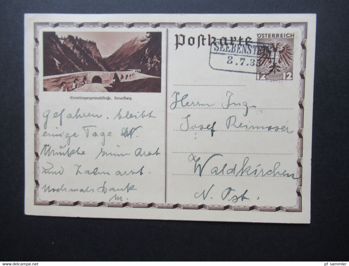 Österreich 1935 Bildpostkarte Hinterbregenzerwaldstraße Vorarlberg GA P 296 Mit Stempel Ra2 Seebenstein 8.7.1935 - Brieven En Documenten