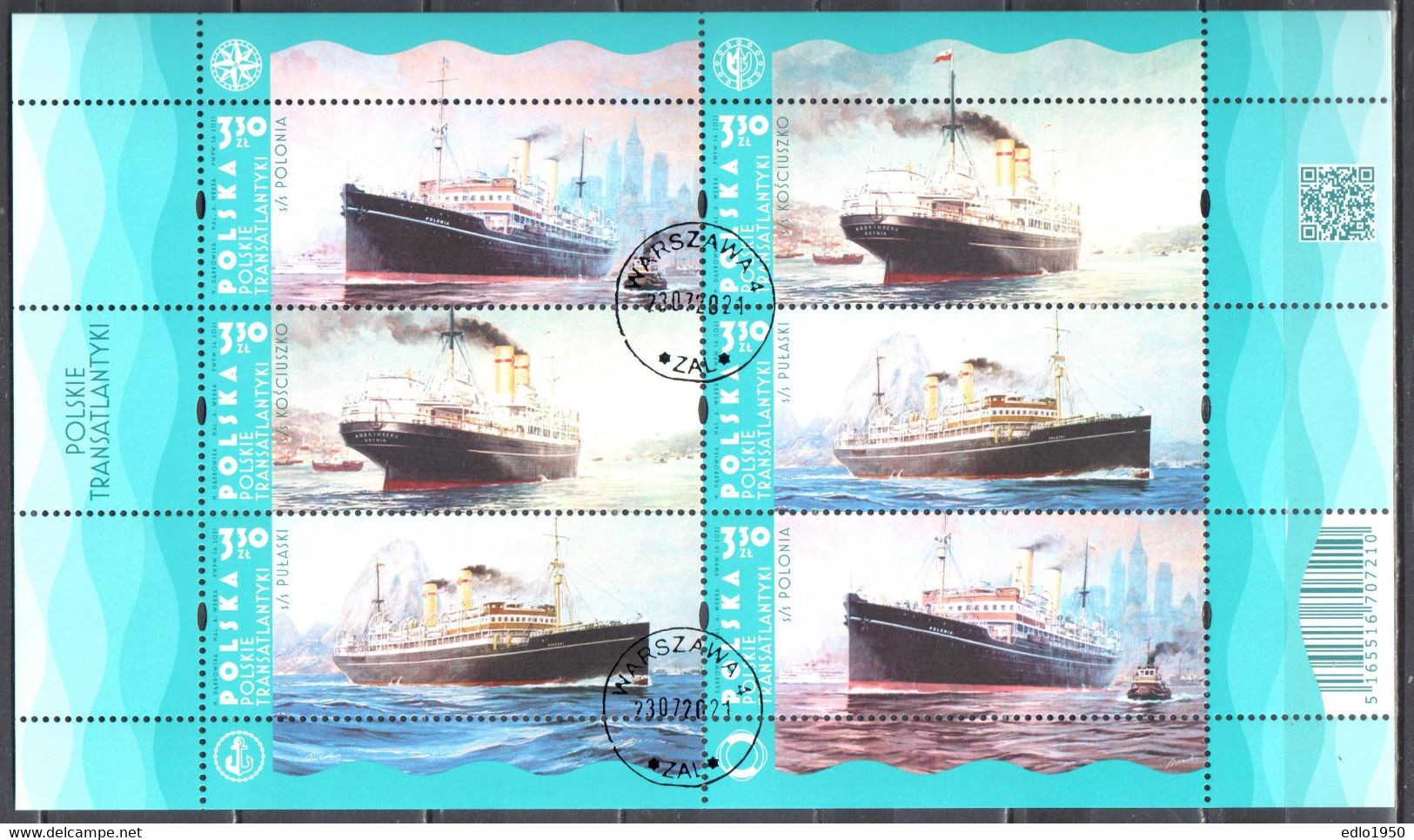 Poland 2021 - Polish Transatlantic Ships  - Sheet - Used - Used Stamps