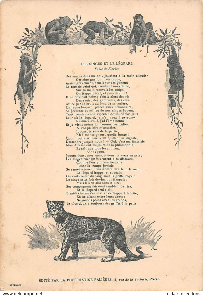 Image; 19x13.  Fable Florian  Les Singes Et Le Léopard  Dessin De M. Leloir  (voir Scan) - Sonstige & Ohne Zuordnung