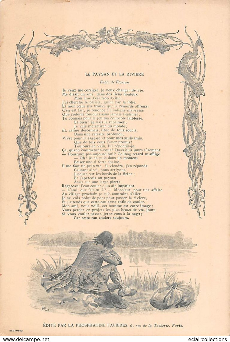 Image; 19x13.  Fable Florian  Le Paysan Et La Rivière    Dessin De M. Leloir  (voir Scan) - Sonstige & Ohne Zuordnung