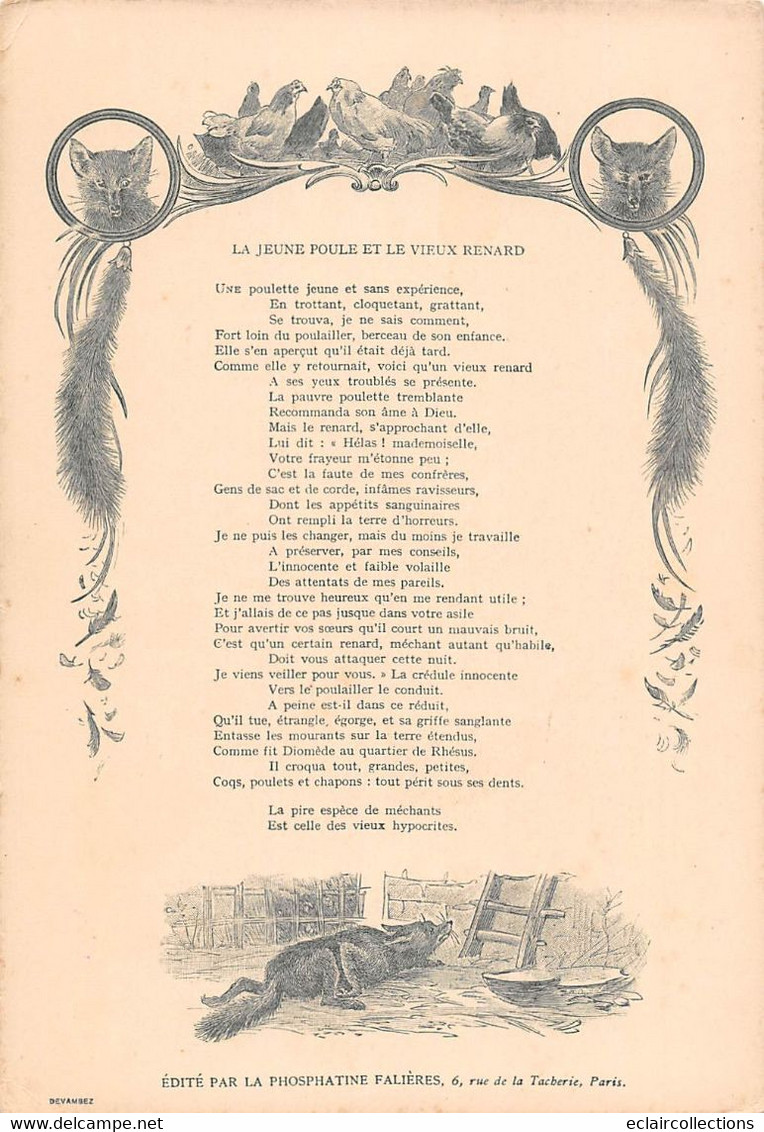 Image; 19x13.  Fable De Florian  La Jeune Poule Et Le Vieux Renard    Dessin De M. Leloir  (voir Scan) - Other & Unclassified