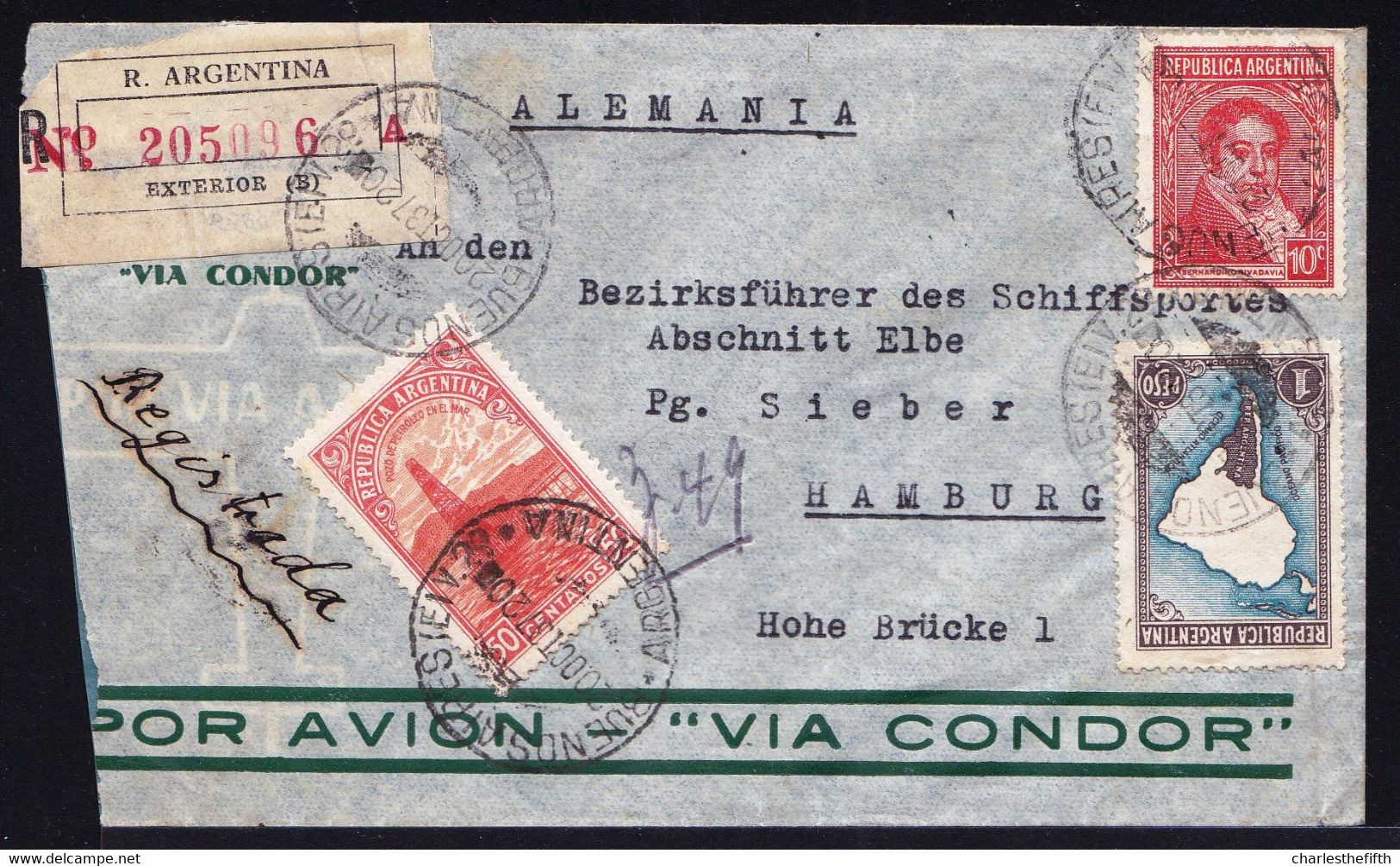 ARGENTINA 1937 -  REGISTERED CONDOR FLIGHT BUENOS AIRES > HAMBURG - From SS CAP NORTE Steward - Airmail