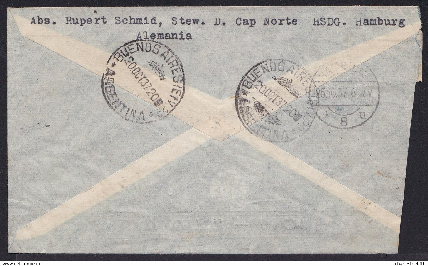 ARGENTINA 1937 -  REGISTERED CONDOR FLIGHT BUENOS AIRES > HAMBURG - From SS CAP NORTE Steward - Posta Aerea