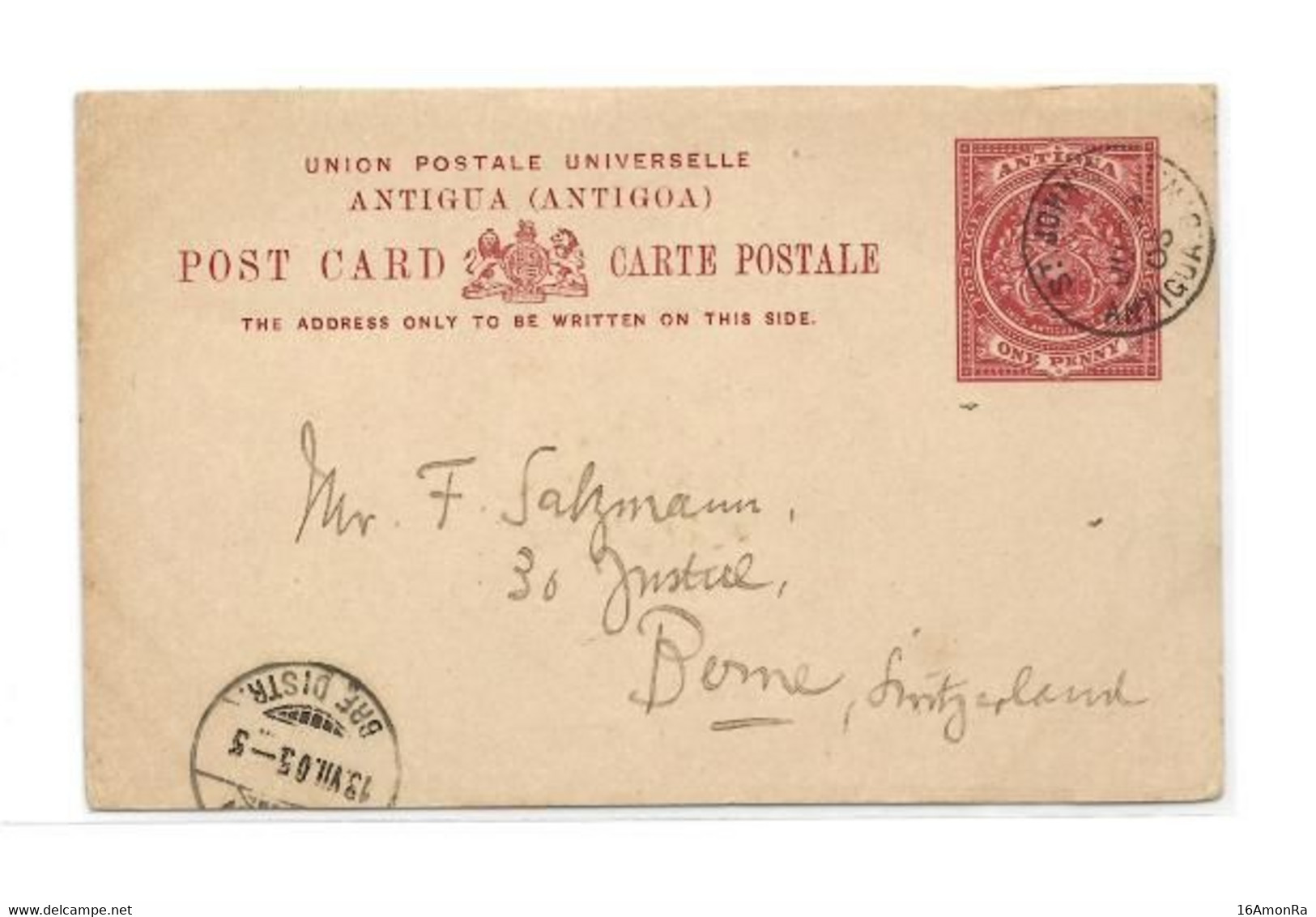 ANTIGUA  E.P. Carte Postal Stationery Card 1p. Red On Light-cream, Cancelled St-JOHN'S ANTIGUA JU.23 1905 To Bern (Switz - 1858-1960 Kronenkolonie