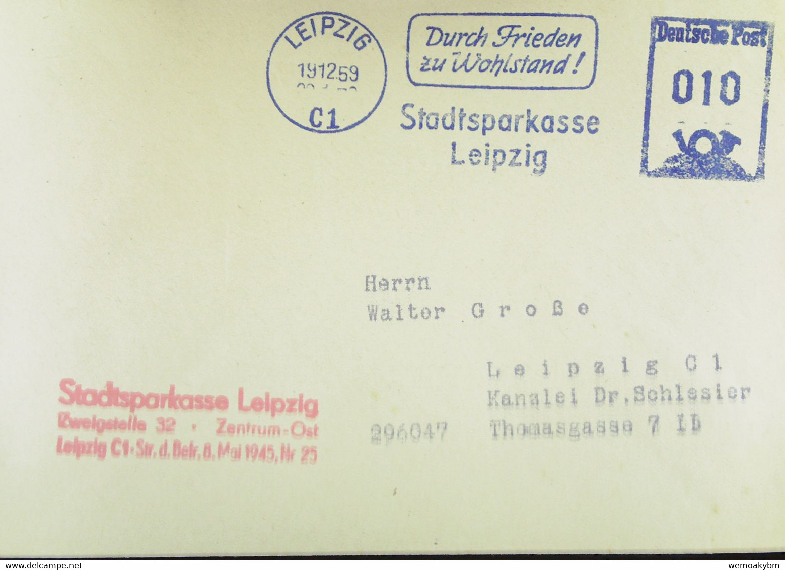 DDR: Brief Mit 10 Pfg AFS-blau Vom 1912.59 "Durch Frieden Zu Wohlstand! Stadtsparkasse Leipzig" - Covers & Documents