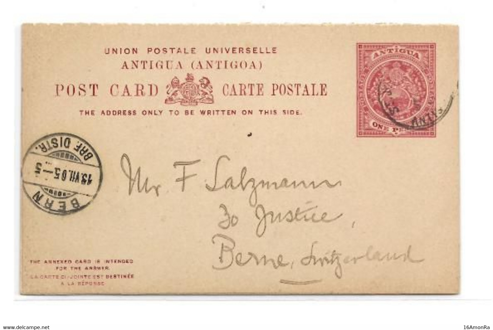 ANTIGUA  E.P. Carte Postal Stationery Reply Card 1p. + 1p. Red On Light-cream, Cancelled St-JOHN'S ANTIGUA JU.23 1905 To - 1858-1960 Kolonie Van De Kroon