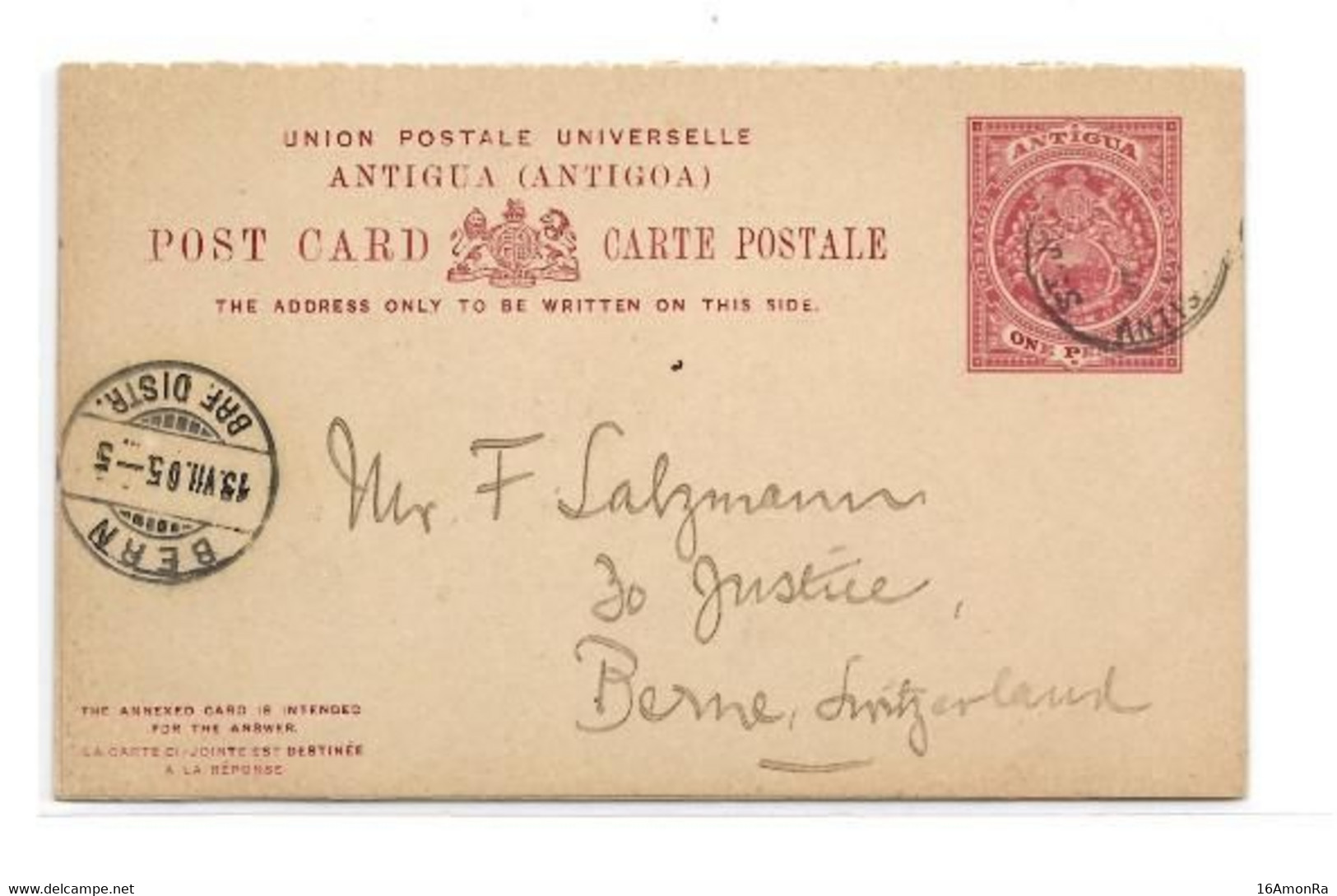 ANTIGUA  E.P. Carte Postal Stationery Reply Card 1p. + 1p. Red On Light-cream, Cancelled St-JOHN'S ANTIGUA JU.23 1905 To - 1858-1960 Colonia Británica