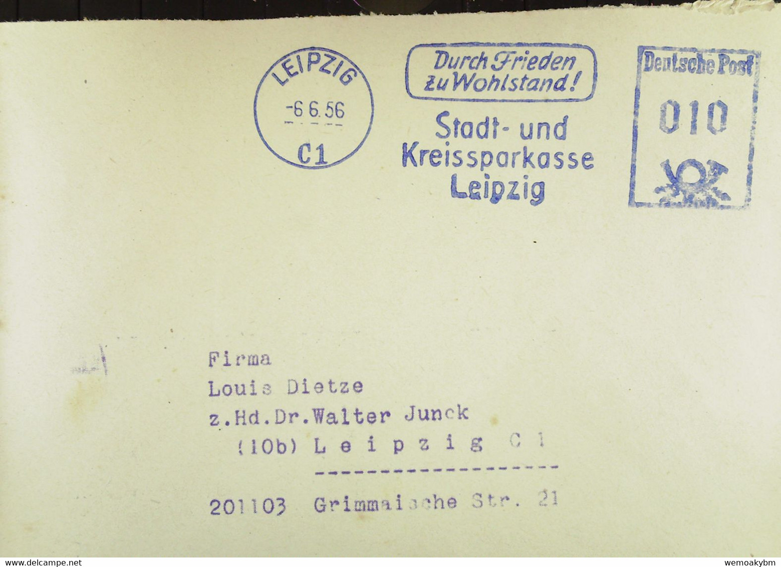 DDR: Brief Mit 10 Pfg AFS-blau Vom 6.6.56 "Durch Frieden Zu Wohlstand! Stadt- Und Kreissparkasse Leipzig" - Brieven En Documenten