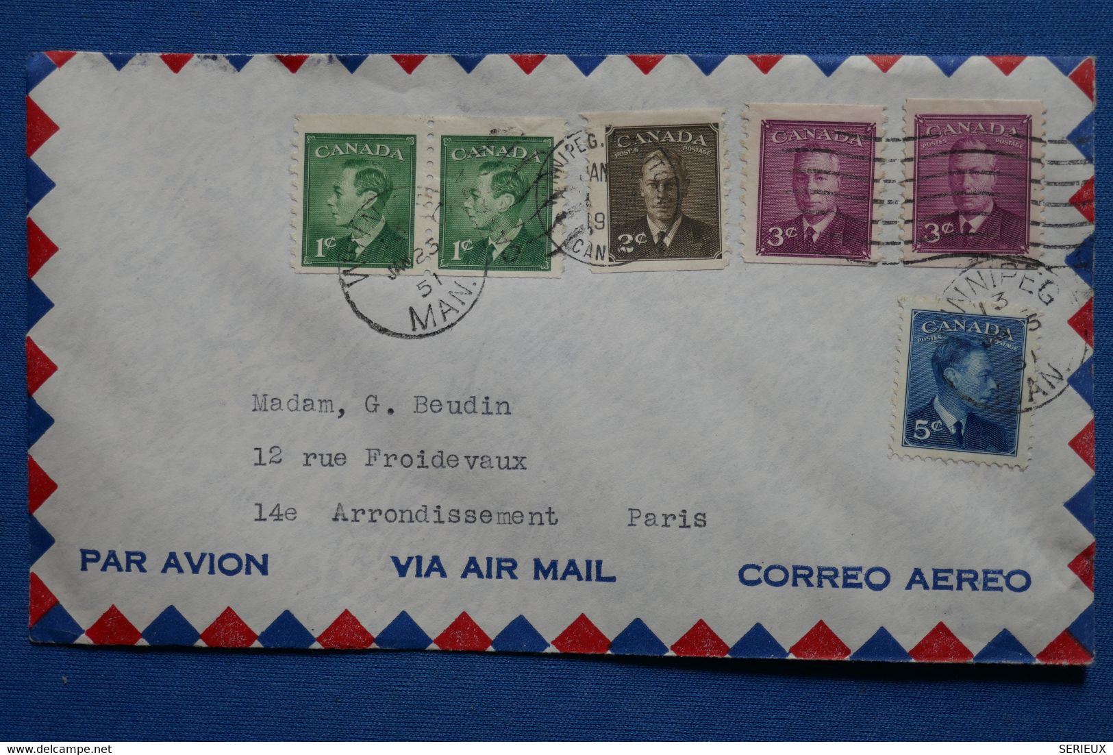 Y7 CANADA  BELLE LETTRE   1951 WENIPEG   POUR  PARIS+ AFFRANCH PLAISANT - Cartas & Documentos