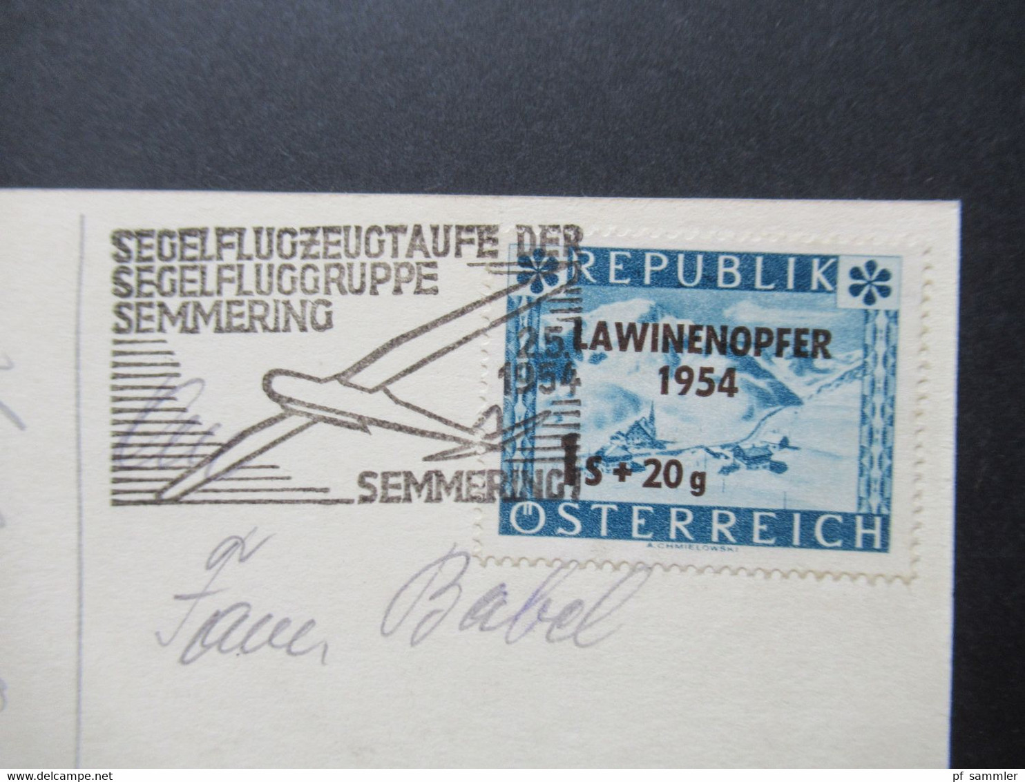 Flugpost Flieger AK Mit Adler SST Segelflugzeugtaufe Der Segelfluggruppe Semmering 1954 Österreich Nr. 998 - Lettres & Documents