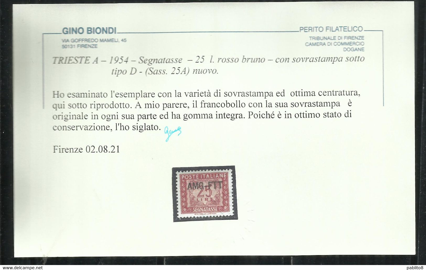 TRIESTE A 1954 AMG-FTT NUOVO TIPO DI SOPRASTAMPA OVERPRINTED SEGNATASSE POSTAGE DUE TASSE TAXE LIRE 25 MNH CENTRATO - Strafport