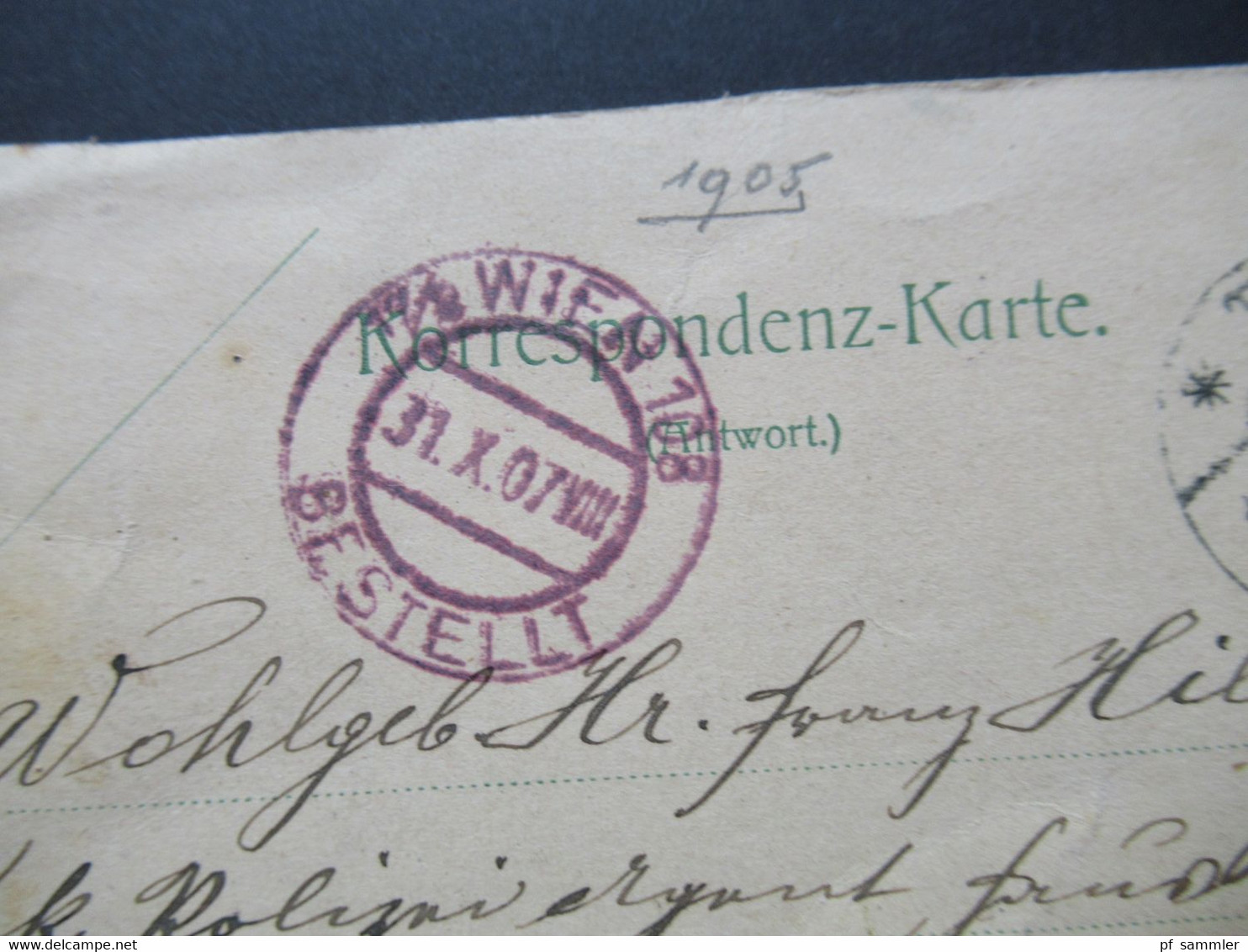 Österreich 1907 Korrespondenz Karte Antwortkarte Wien Ortsverkehr Mit Violettem Stempel Wien 108 Bestellt - Lettres & Documents