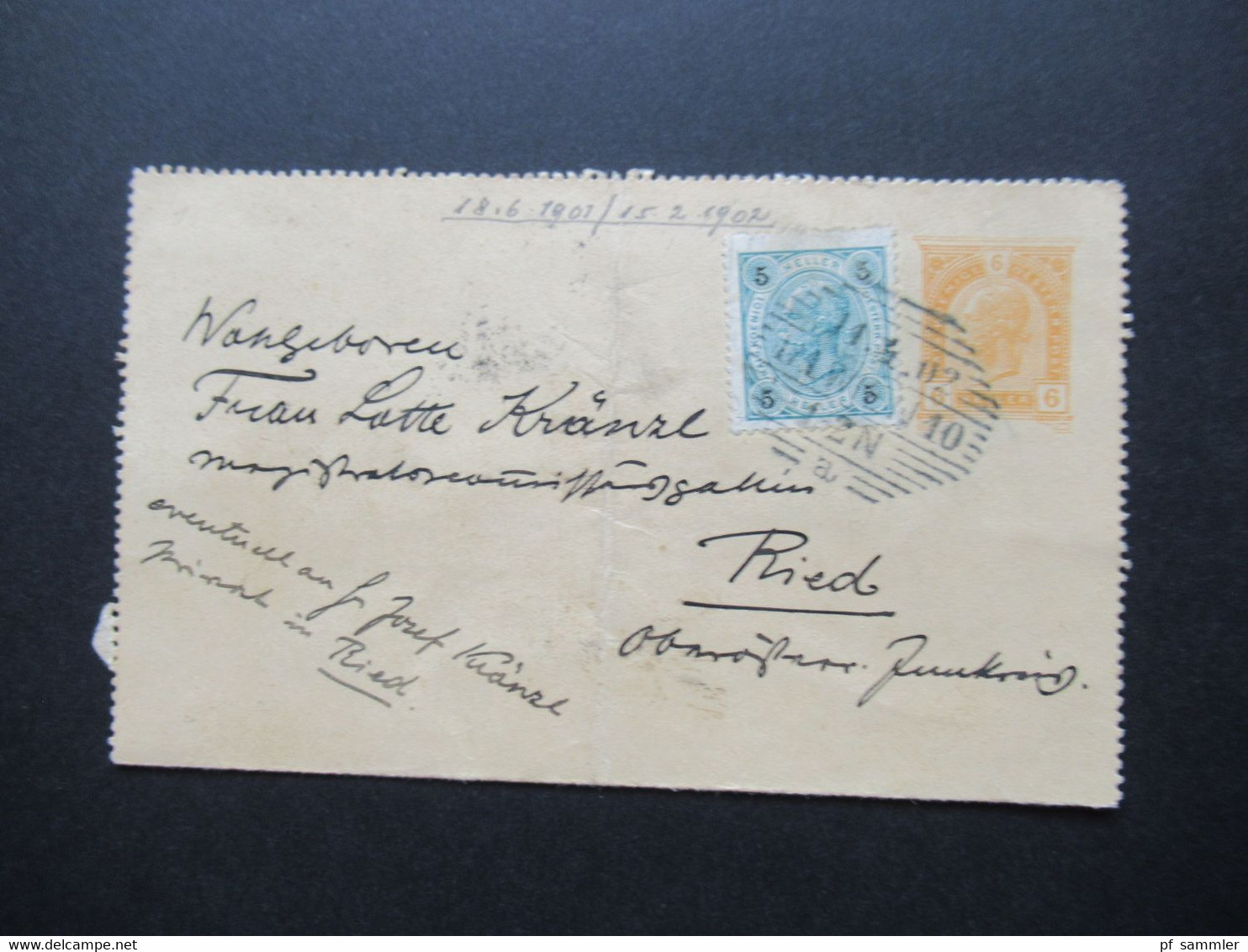 Österreich 1902 Kartenbrief K 43 Mit Zusatzfrankatur Strichstempel Wien - Ried Innkreis Mit Ank. Stempel - Brieven En Documenten