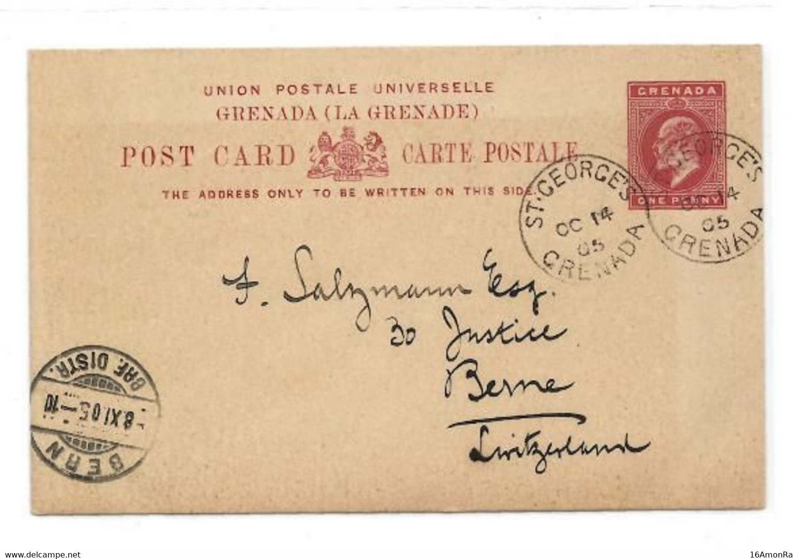 GRENADA E.P. Carte Postal Stationery Card 1p. Red On Light-cream, Cancelled St-GEORGES GRENADA OCT.14 1905 to Bern (Swit - Granada (...-1974)