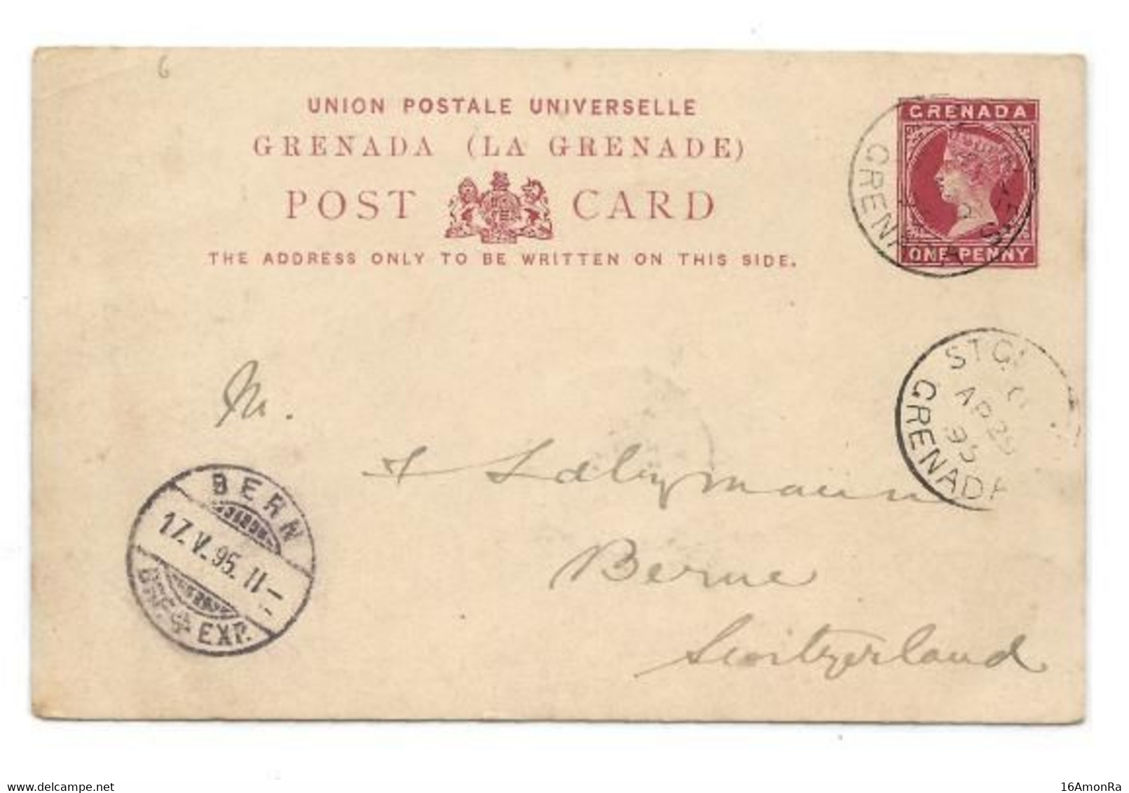 GRENADA E.P. Carte Postal Stationery Card 1p. Red On Light-cream, Cancelled St-GEORGES GRENADA APR.29 1895 to Bern (Swit - Grenada (...-1974)