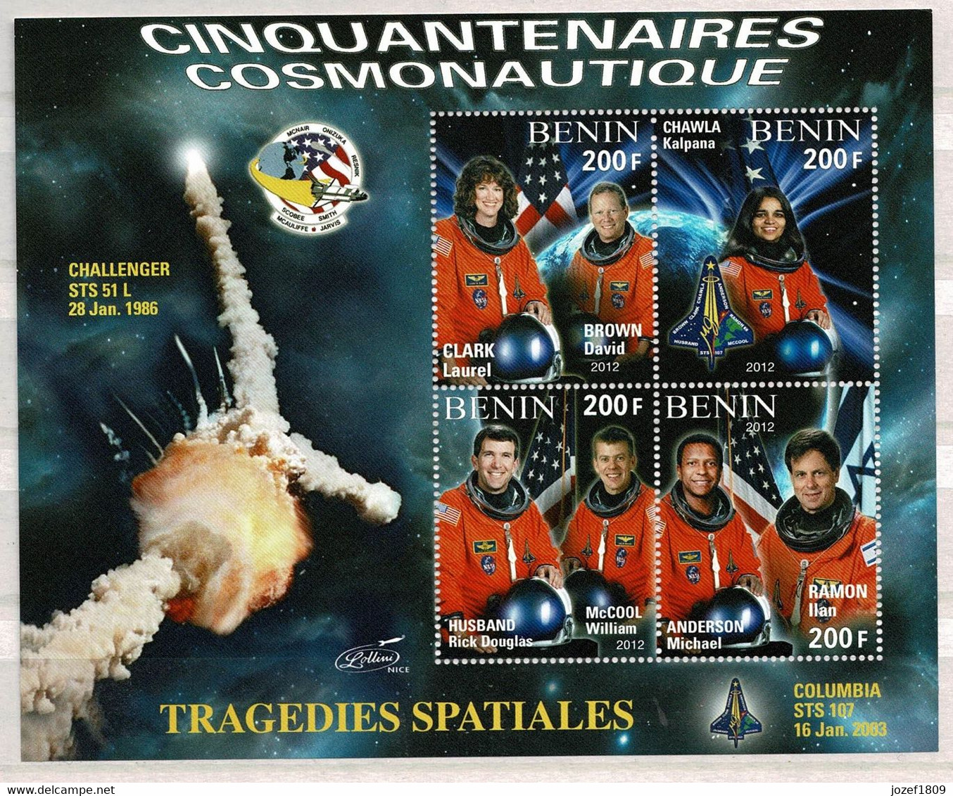 Benin Space 2012 Space Tragedies. Astronauts Of Shuttle Missions Challenger And Columbia,  Large Sheet - Benin - Dahomey (1960-...)