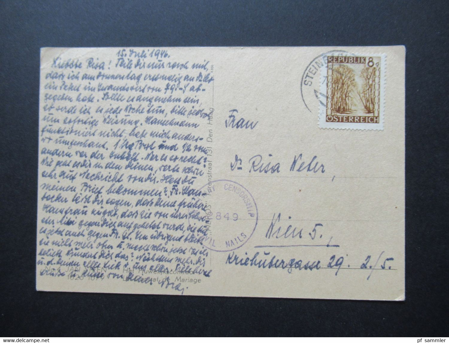 Österreich 1946 Zensur Military Censorship 2849 Civil Mails Künstler AK Jan Steen Le Contrat De Mariage / Alte Meister - Storia Postale