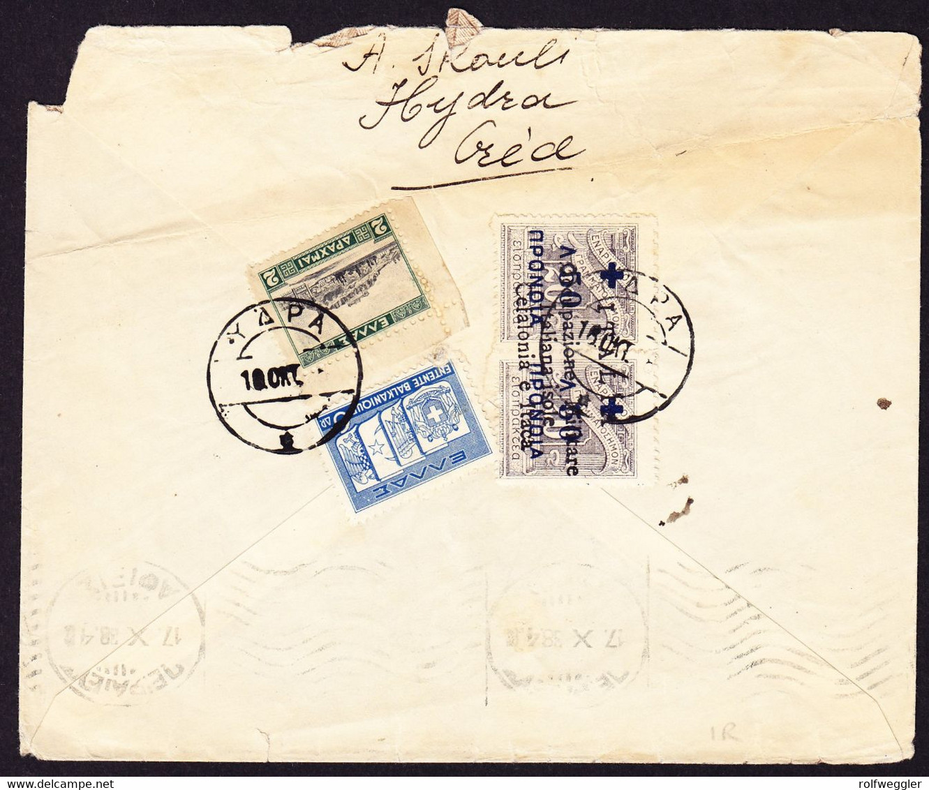 1938 Brief Aus Hydra Mit 50 über 20 Lp. Überdrucksmarke Ocupazione Militare Italiana Isole Cefalonia E Itaka An Barber - Ionische Inseln