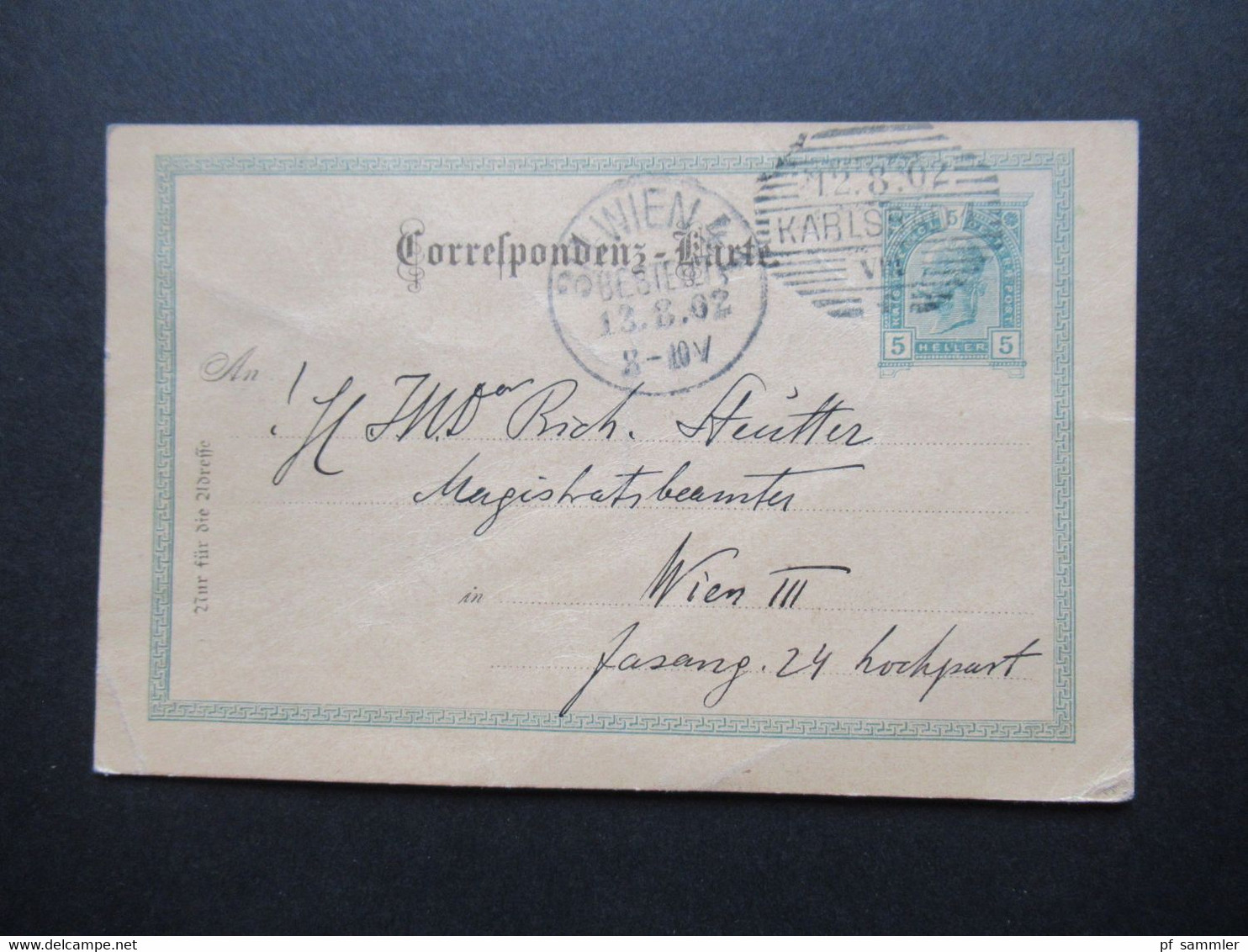 Österreich 1902 Ganzsache Correspondenz Karte Strichstempel Karlsbad Nach Wien Rücks. Text In Steno / Kurzschrift - Brieven En Documenten