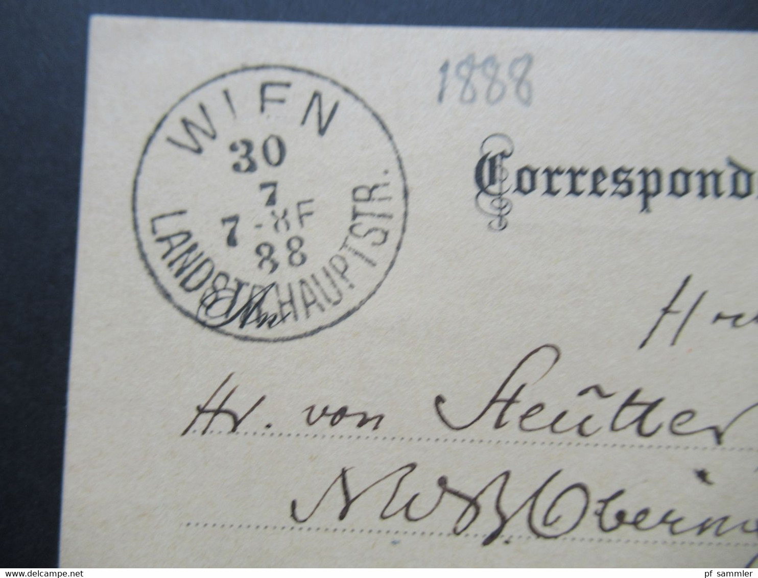 Österreich 1888 Ganzsache Correspondenz Karte Ank. Stempel Wien Landstr. Hauptstr. - Brieven En Documenten