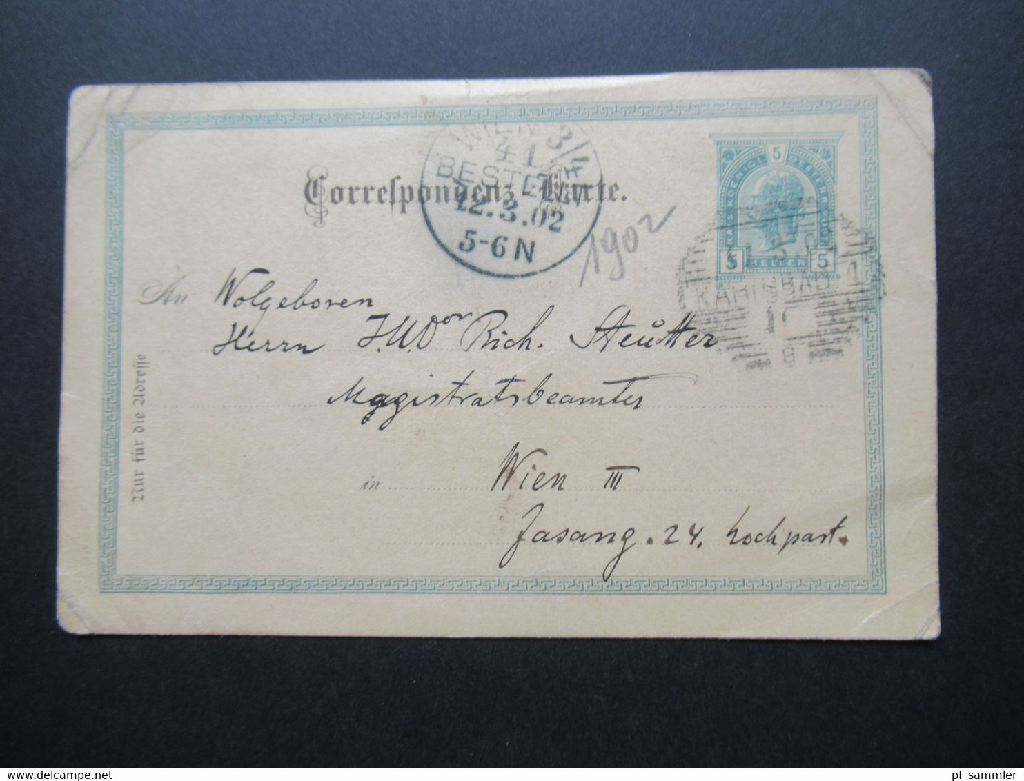 Österreich 1902 Ganzsache Correspondenz Karte Strichstempel Karlsbad 1 Rüclkseitig Text In Steno Kurzschrift - Brieven En Documenten