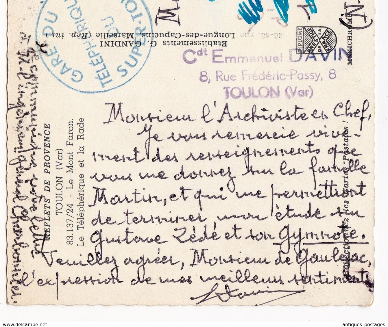 Carte Postale Marianne De Cocteau Nevers Nièvre Gare Du Téléphérique Du Super Toulon Var - 1961 Marianne (Cocteau)