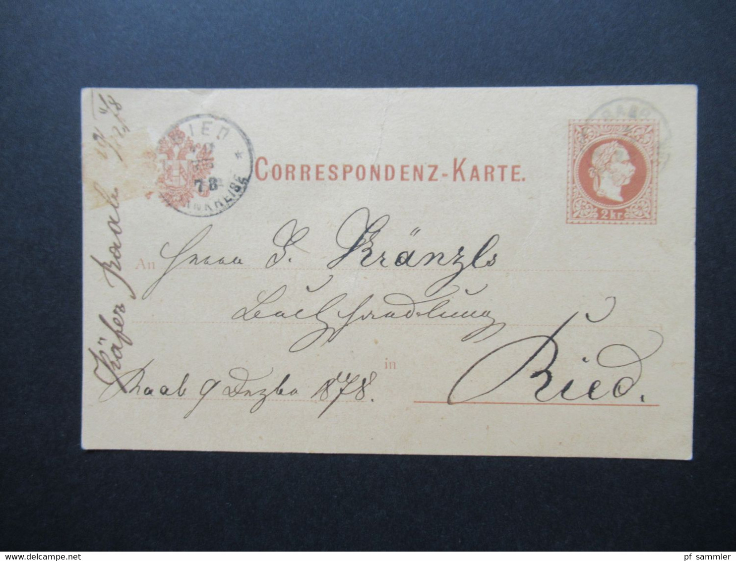 Österreich 1878 Ganzsache Correspondenz Karte Fingerhut Stempel Raab Nach Ried Mit Ank. Stempel - Brieven En Documenten