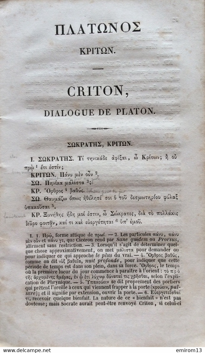 Dialogue De Platon Criton Texte Revu En Français Par M. Dübner à Paris Chez Jacques Lecoffre 1850 - Documenti Storici