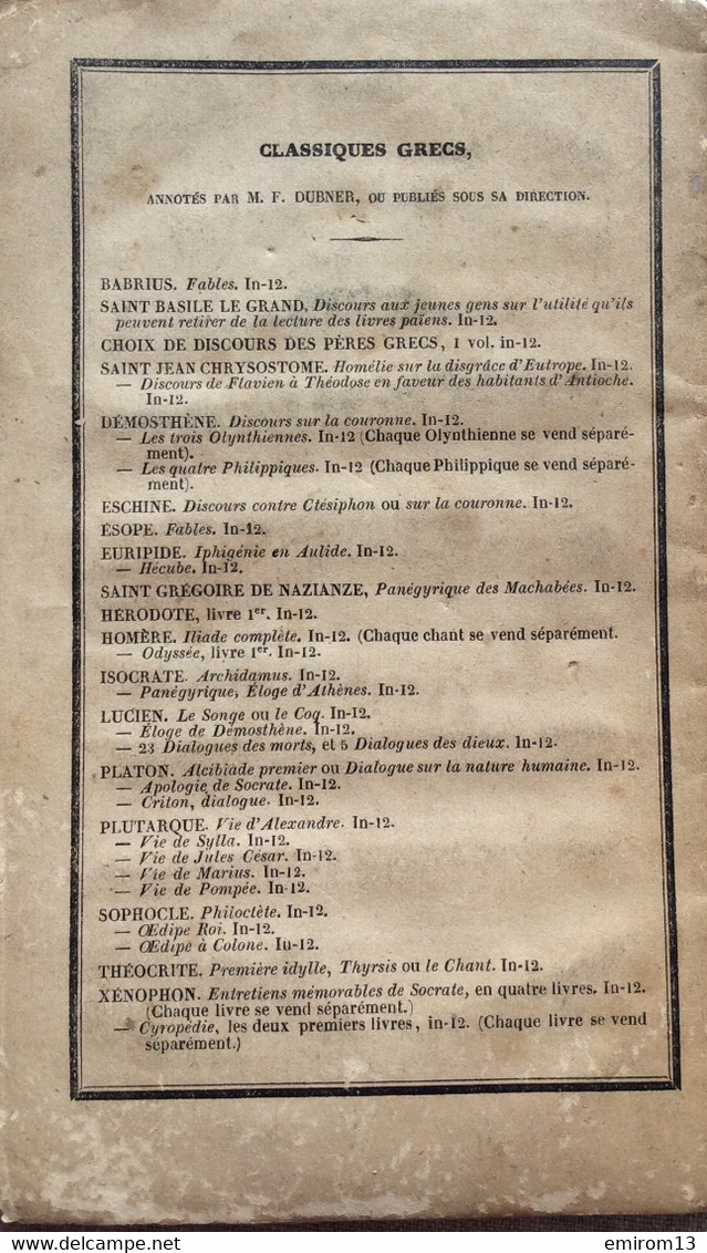 Dialogue De Platon Criton Texte Revu En Français Par M. Dübner à Paris Chez Jacques Lecoffre 1850 - Documenti Storici