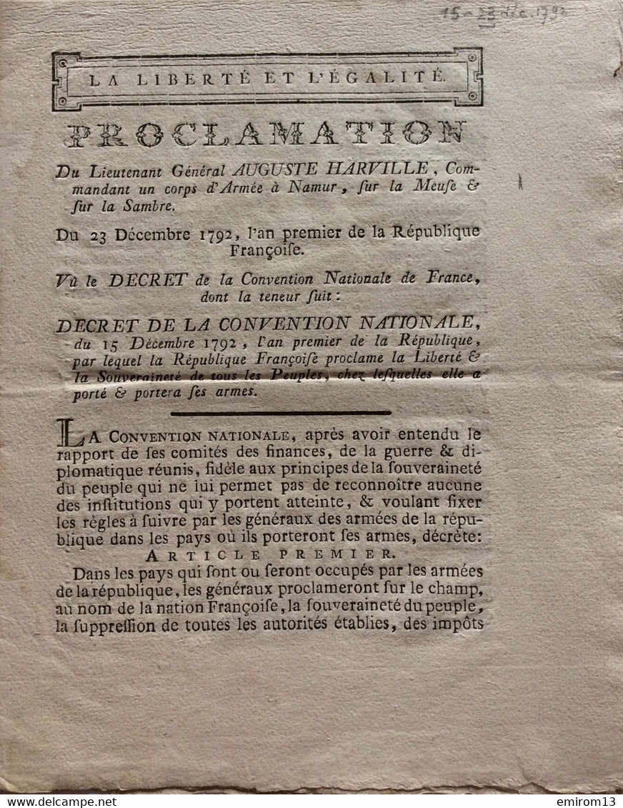 Proclamation Du Lieutenant Général Auguste Harville Commandant Un Corps D’armée à Namur En 1792 Liberté Et L’égalité - Documenti Storici