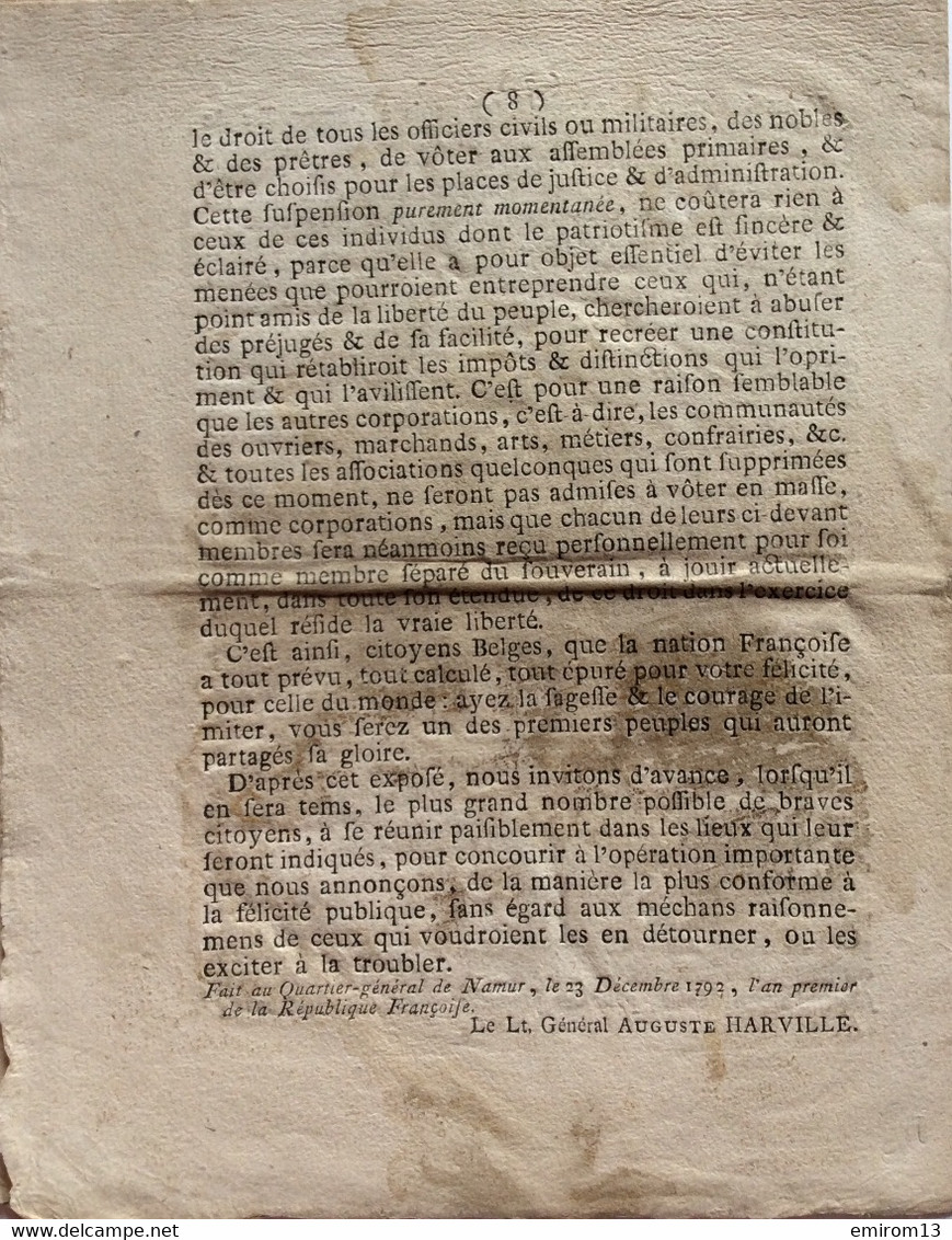 Proclamation Du Lieutenant Général Auguste Harville Commandant Un Corps D’armée à Namur En 1792 Liberté Et L’égalité - Documenti Storici