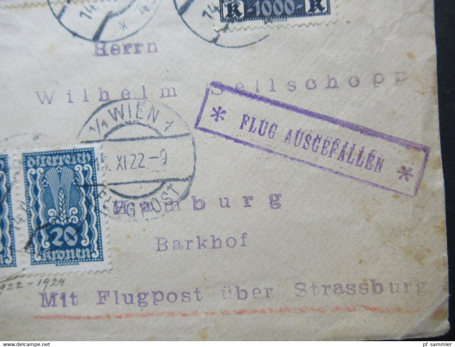 Österreich 1922 Flugpostmarken Einschreiben Wien 1 Mit Flugpost über Strassburg Stp.* Flug Ausgefallen * An Sellschopp - Covers & Documents