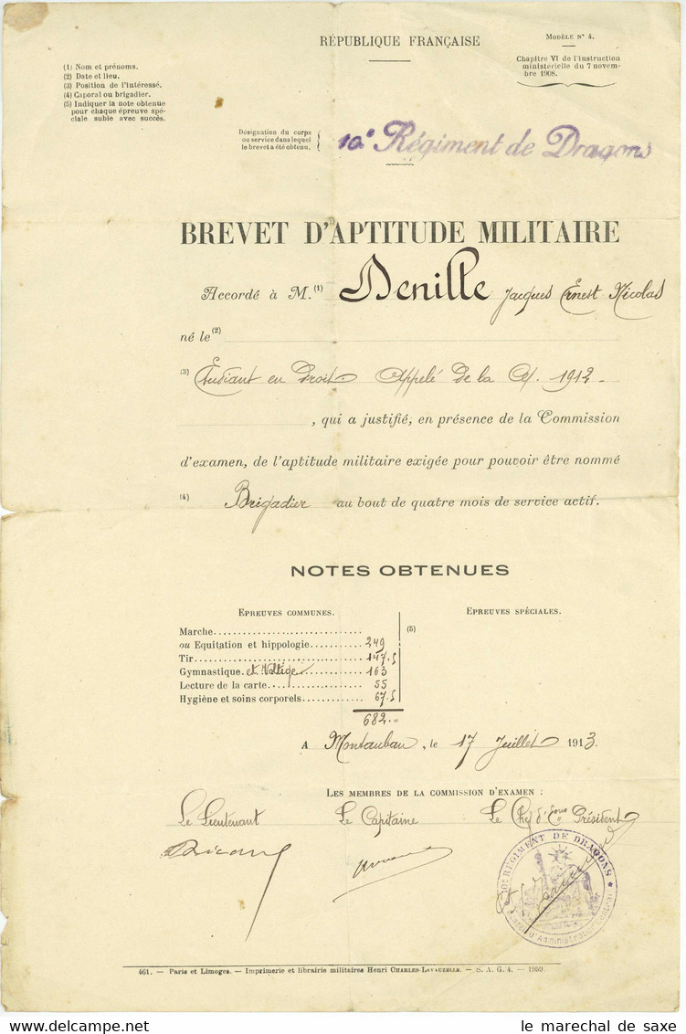 Brevet D'aptitude Militaire 10e Regiment De Dragons Benille Montauban 1913 - Documentos