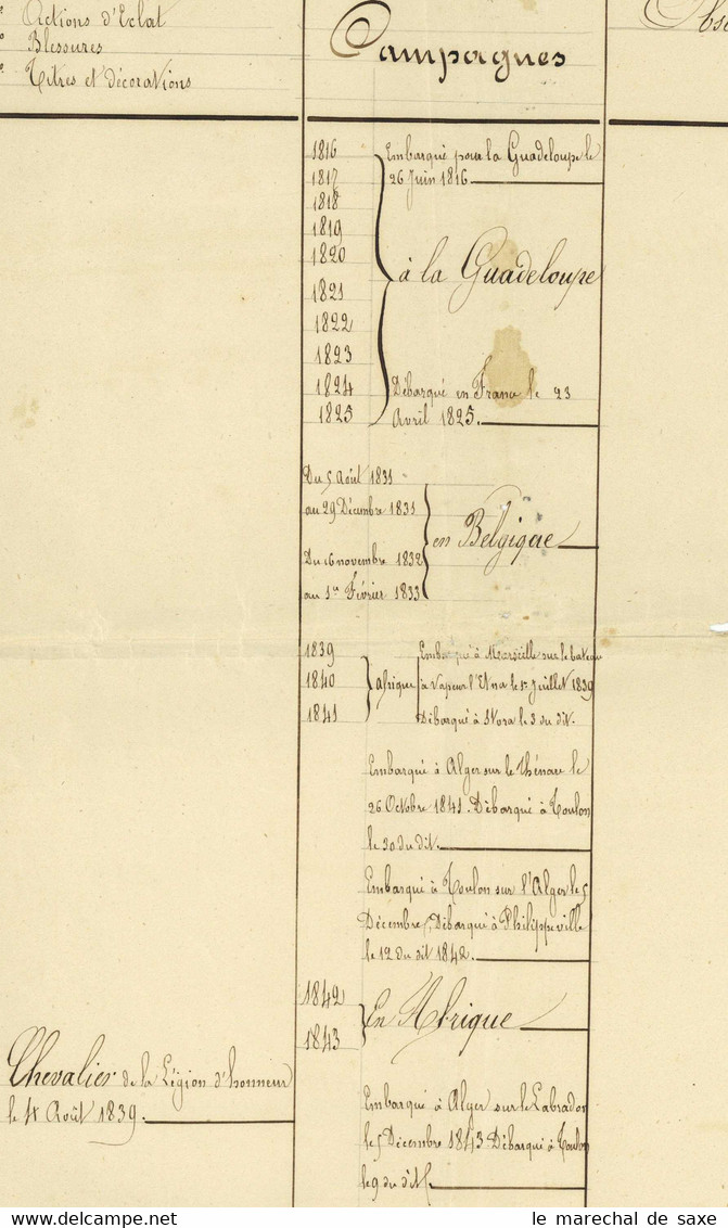 Etat De Services Officier Proust Orleans 2e Bataillon De La Guadeloupe Chevalier Legion D'honneur 1850 - Dokumente