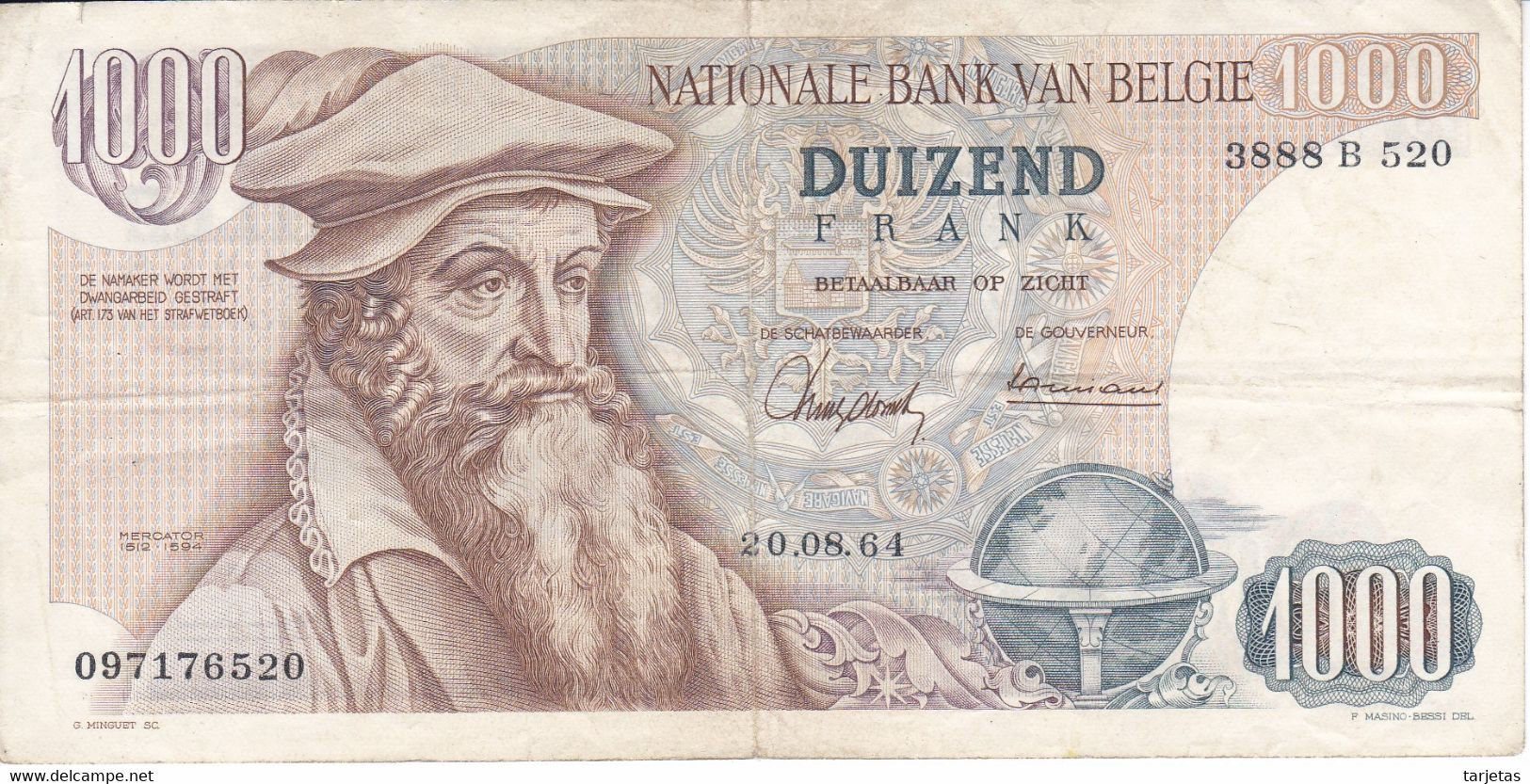 BILLETE DE BELGICA DE 1000 FRANCS DEL 20-08-1964 DE MERCATOR  (BANKNOTE) - 1000 Francs