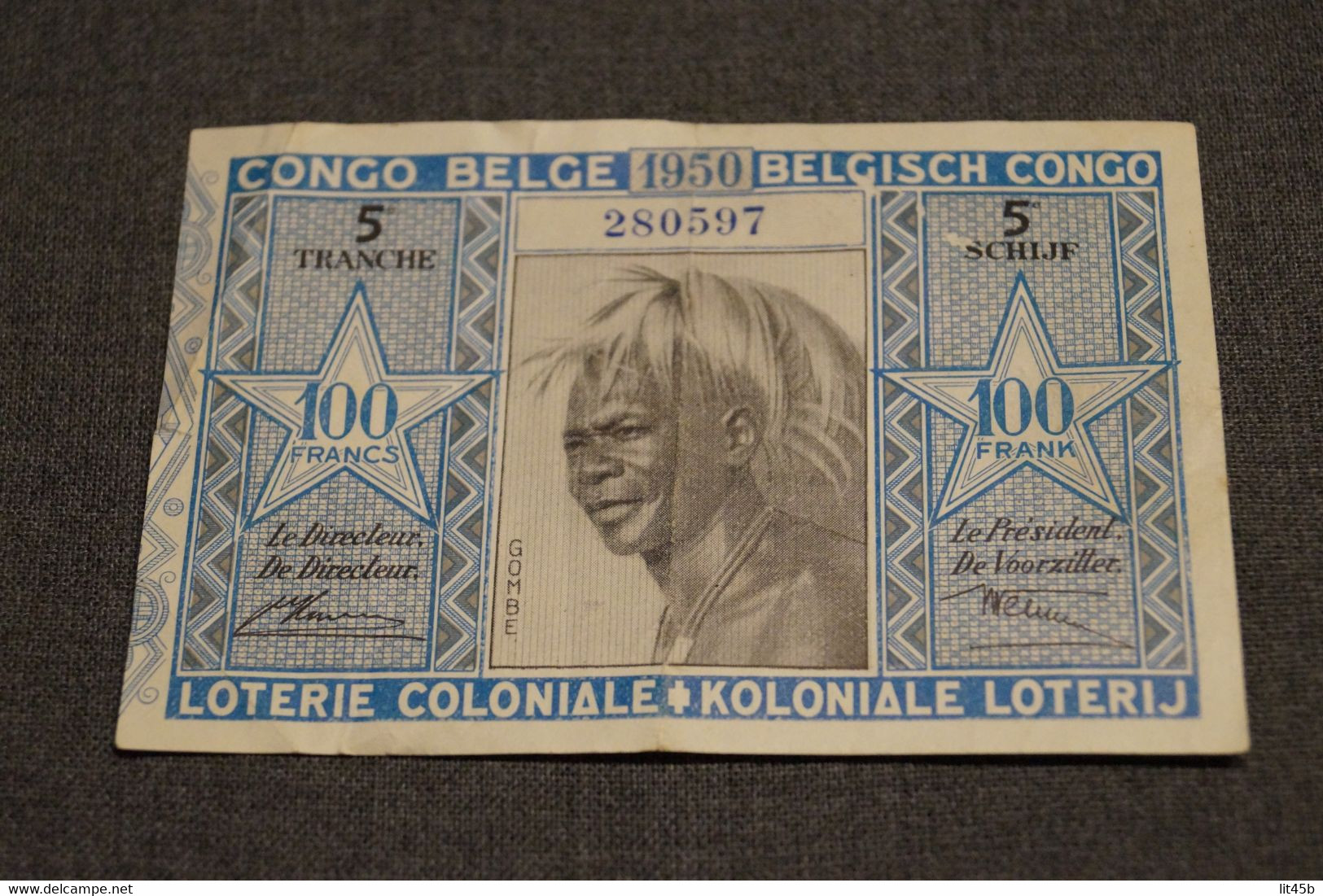 TRES BEAU BILLET DE LA LOTERIE COLONIALE BELGE,100 Fr., 5 EME TRANCHE DE 1950 AVEC TETE D'INDIGENE - Lottery Tickets