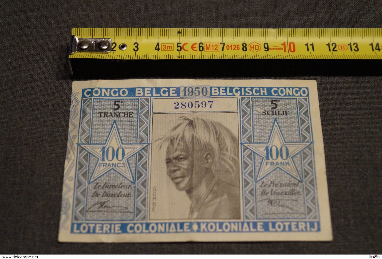 TRES BEAU BILLET DE LA LOTERIE COLONIALE BELGE,100 Fr., 5 EME TRANCHE DE 1950 AVEC TETE D'INDIGENE - Lottery Tickets