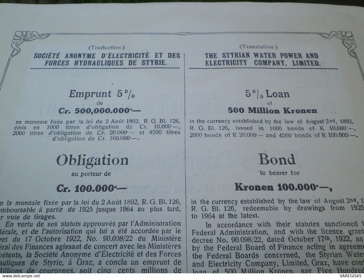 BELLE ACTION SOCIETE ANONYME D' ELECTRICITÉ ET DES FORCES HYDRAULIQUES - STYRIE ( AUTRICHE ) 1922/1923 - Electricidad & Gas