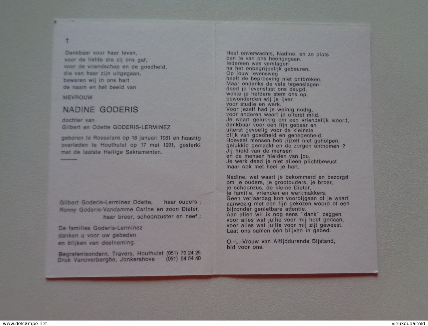 Doodsprentje/Bidprentje  NADINE GODERIS  Roeselare 1961-1991 Houthulst   (docht. Gilbert & Odette LERMINEZ) - Religion &  Esoterik