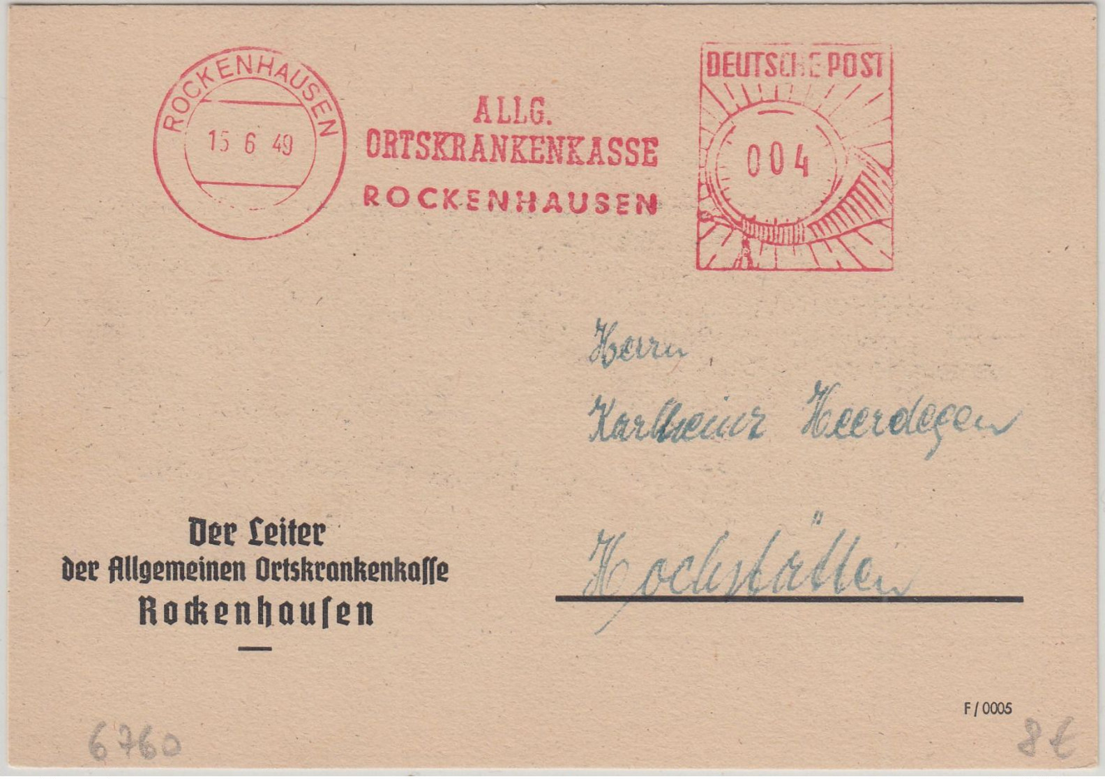 FZ-Rheinl.Pfalz - Rockenhausen 1949 4 Pfg. AFS AOK Drucksache N. Hochstätten - Other & Unclassified