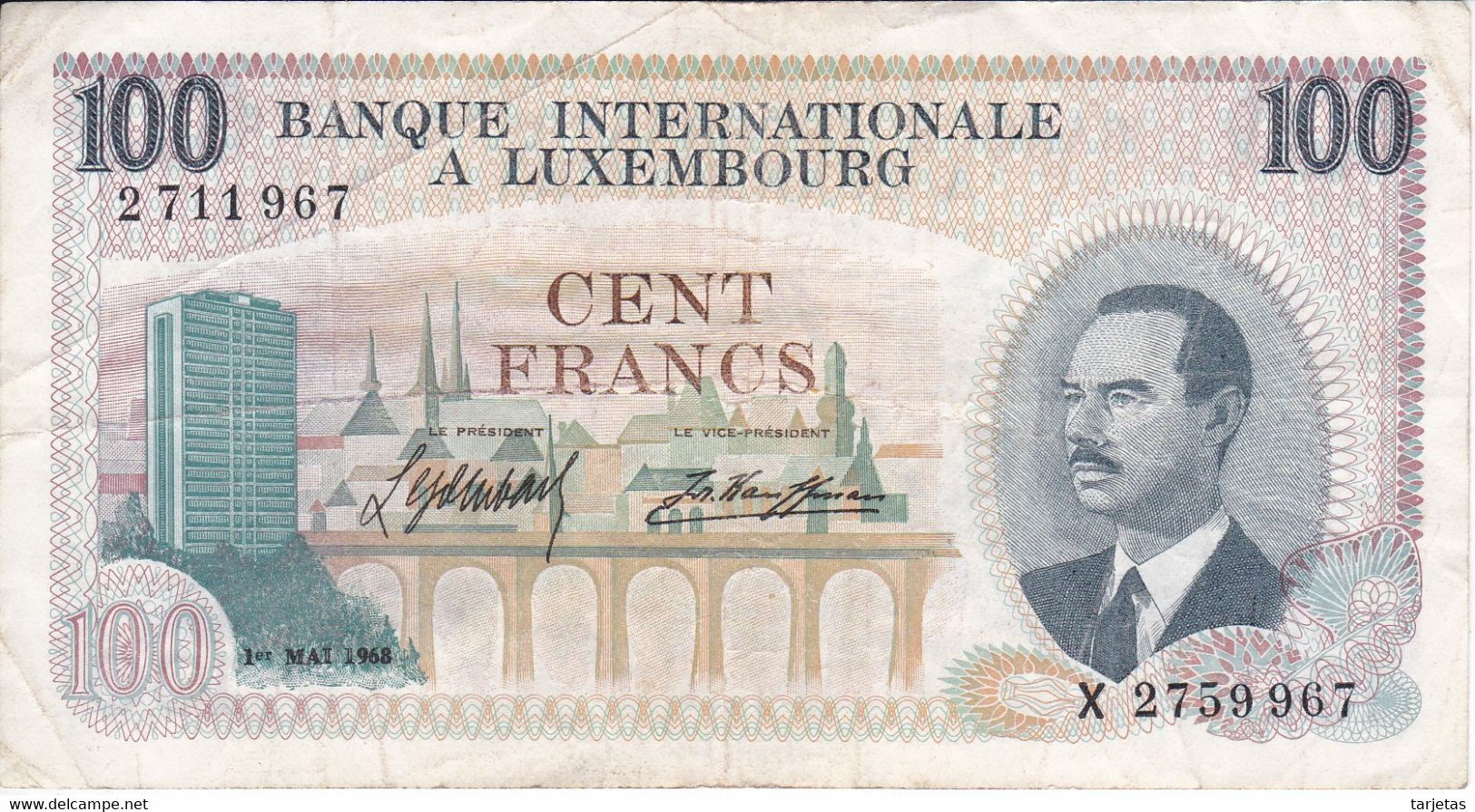 REPLACEMENT - BILLETE DE LUXEMBURGO DE 100 FRANCS DEL  AÑO 1968 SERIE X (BANKNOTE) - Luxemburg