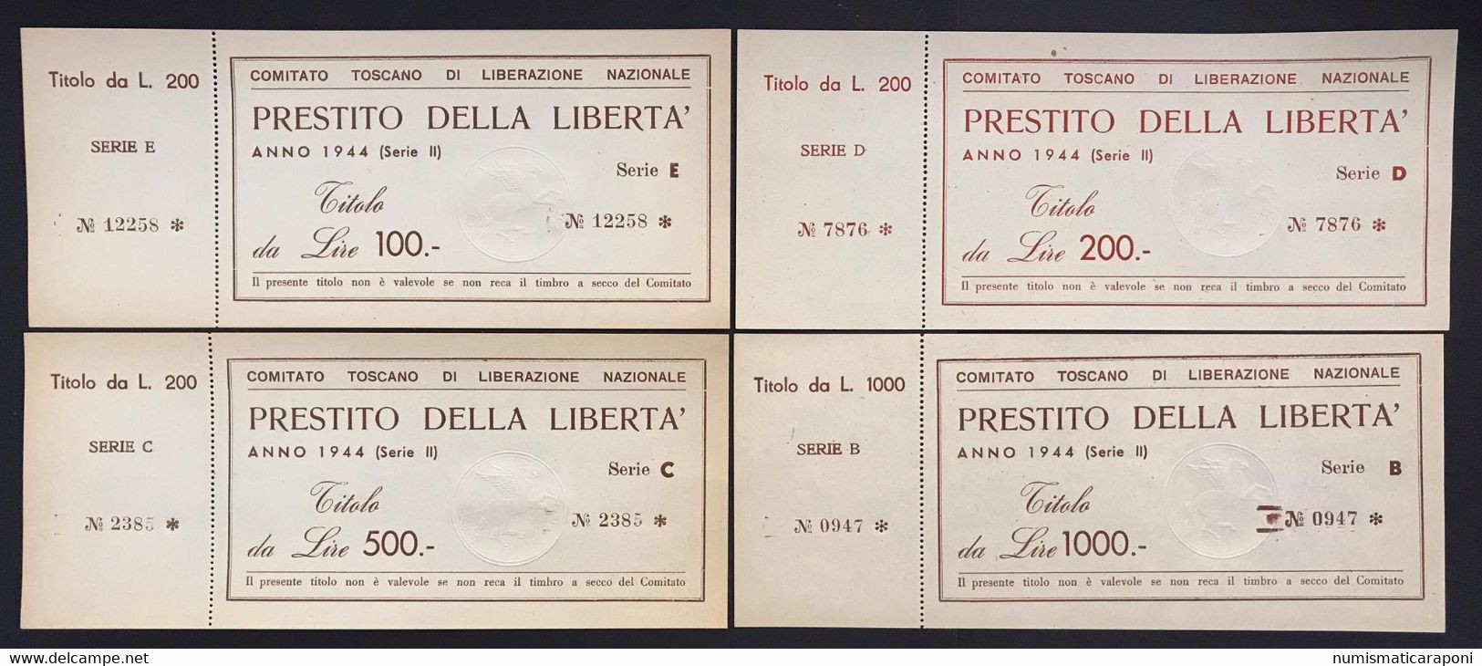 COMITATO TOSCANO DI LIBERAZIONE NAZIONALE PRESTITO DELLA LIBERTÀ 1944 1000 + 500 + 200 + 100 LIRE Asta 617 - Italia – 5 Lire