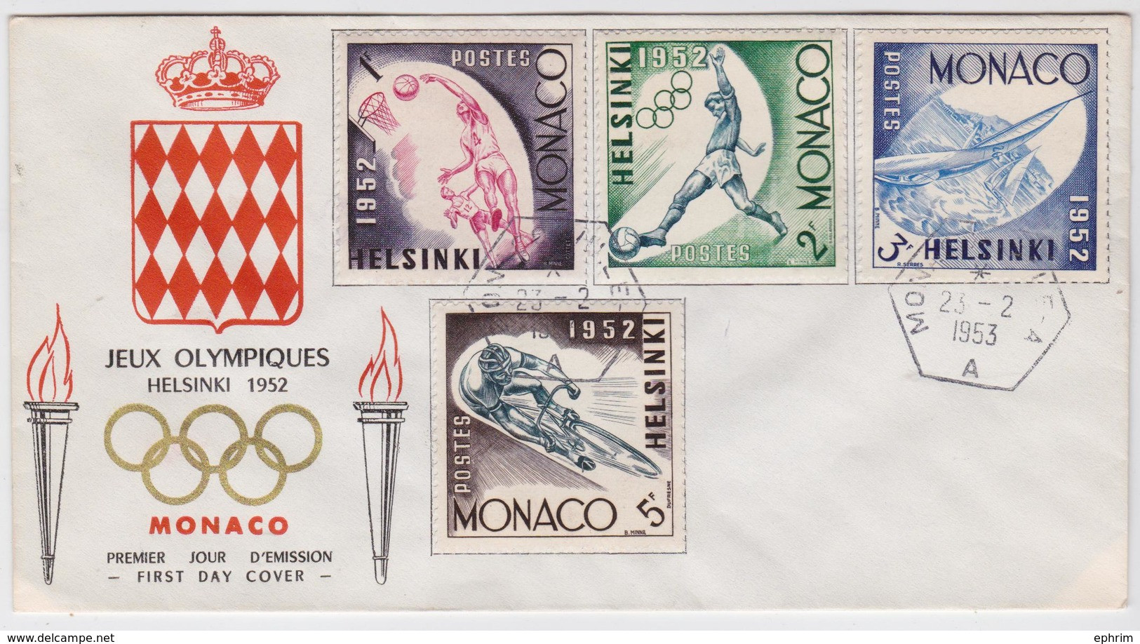 Jeux Olympiques Helsinki 1952 - FDC Enveloppe Premier Jour Monaco - Timbre Cyclisme - Basket-Ball Stamp Football Voile - Ete 1952: Helsinki