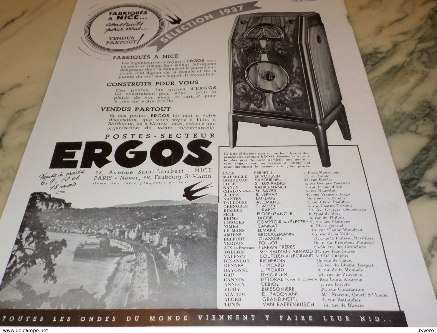 ANCIENNE PUBLICITE POSTES SECTEUR ERGOS FABRIQUES A NICE 1936 - Autres & Non Classés