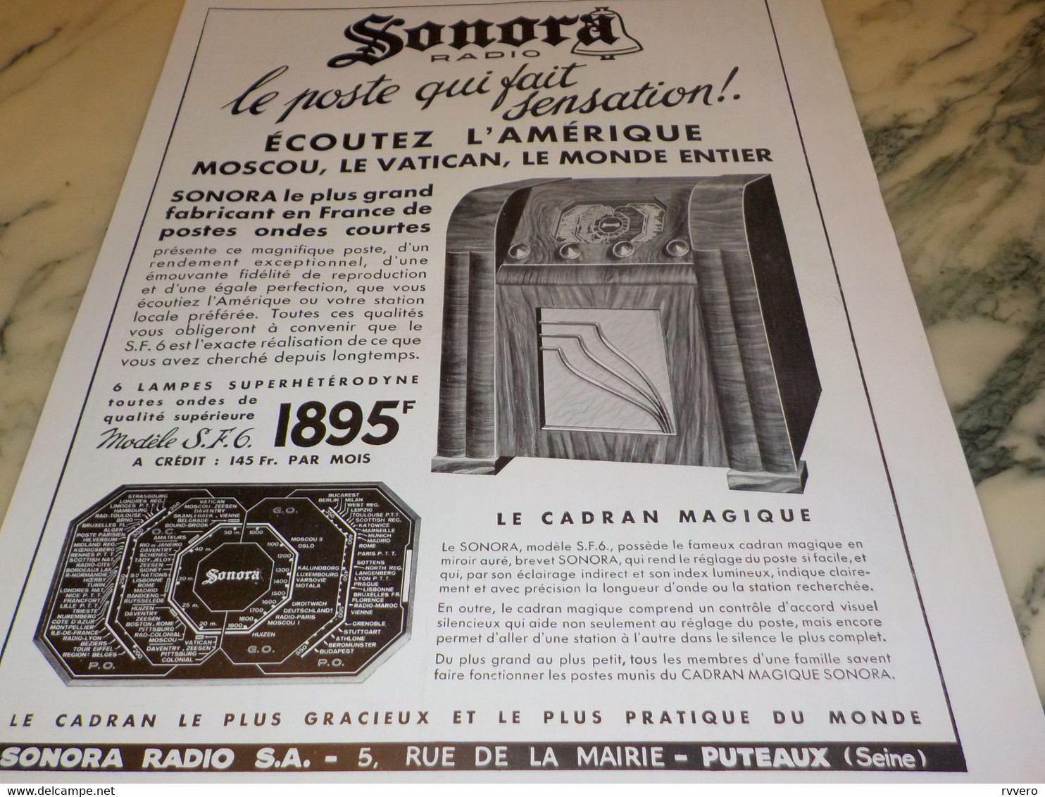 ANCIENNE PUBLICITE RADIO  SONORA 1936 - Altri & Non Classificati