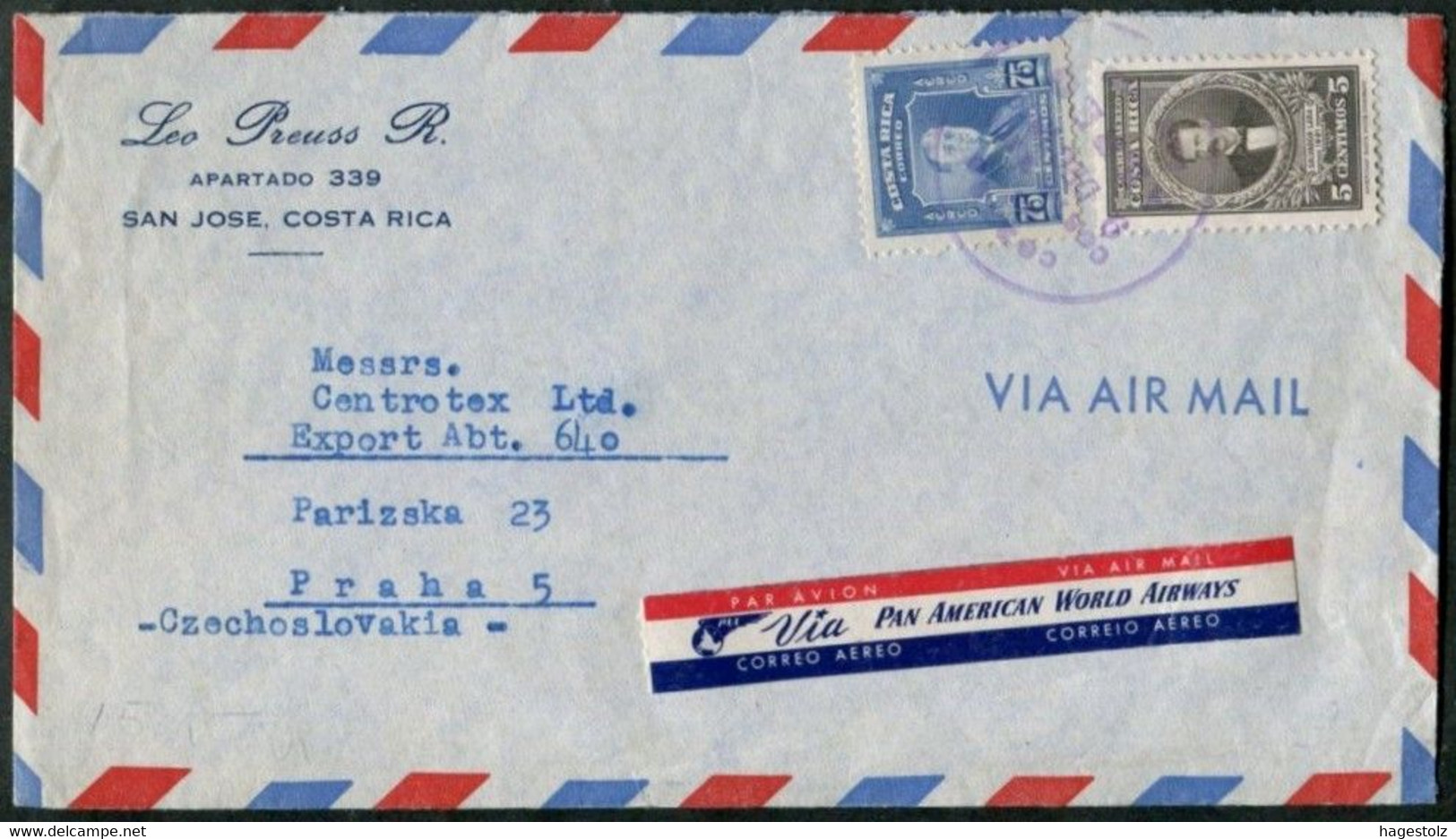 Costa Rica 1949 Air Mail Cover PAWA Label Franked 5c Salvador Lara + 75c Roosevelt Brief Lettre > Czechoslovakia - Costa Rica