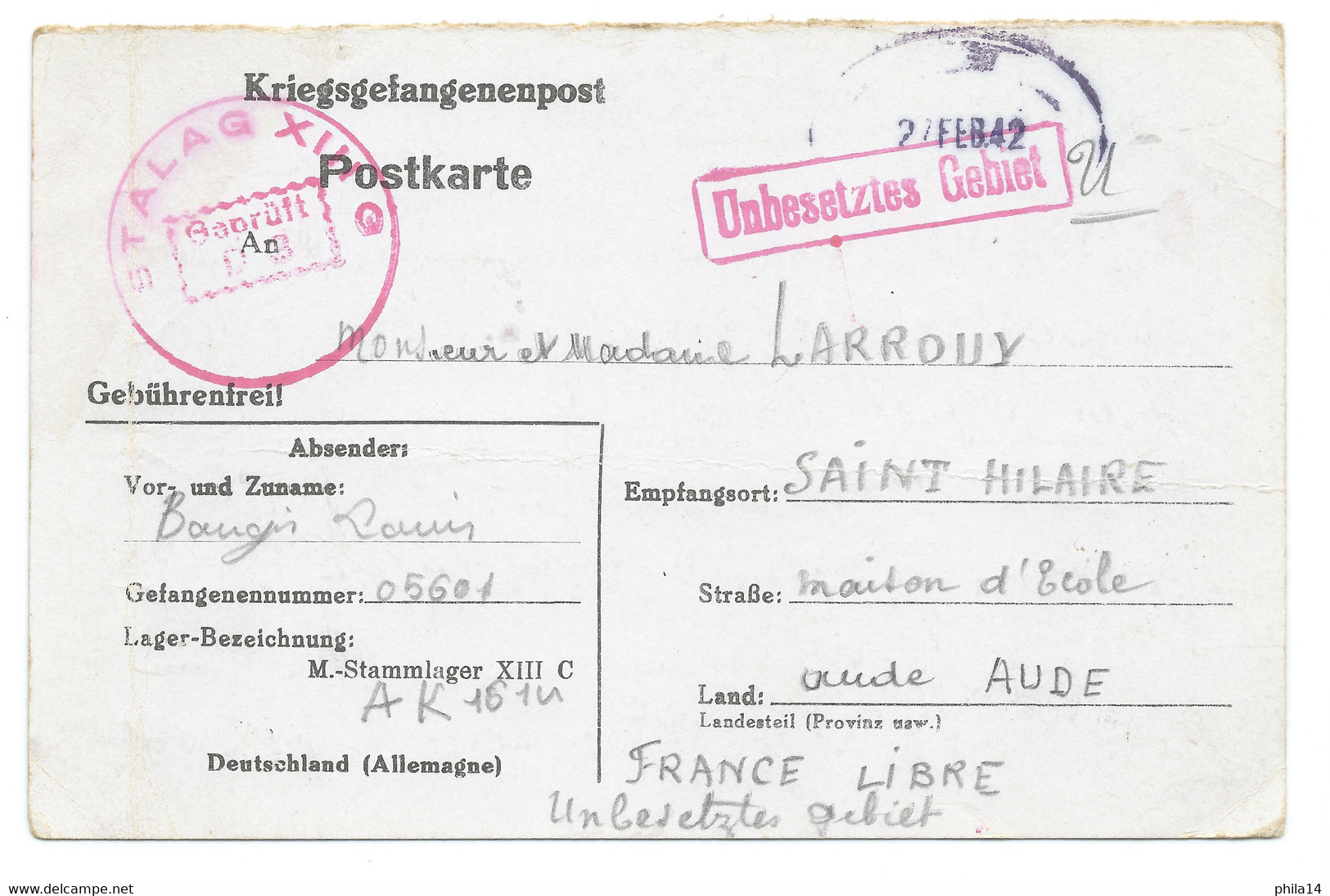 CORRESPONDANCE PRISONNIER DE GUERRE 1942 / LIMOUX POUR STALAG XIIIC - WW II