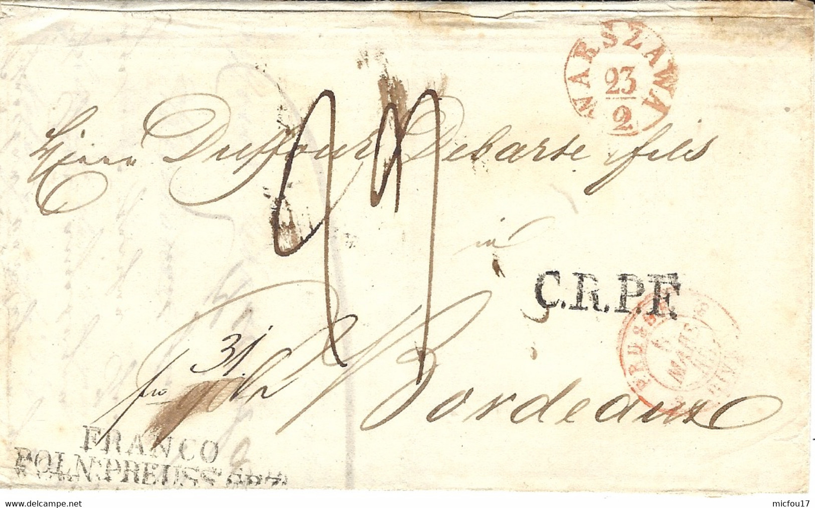 1845- Letter From Warszawa  -" FRANCO / POLN:PREUSS:GRZ:" + C.R.P.F.  To Bordeaux - ...-1860 Voorfilatelie